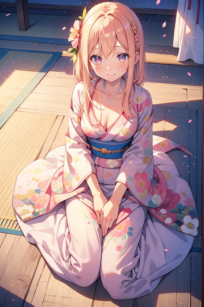 masterpiece:1.3, best quality:1.3, highly detailed, 8k raw, simple_background:1.3, white_background:1.3, female_solo, sitting on tatami, tatami tea table, tea festival, medium breasts, cowboy_shot, pink floral kimono, kawaii eyes, look happy, light blonde hair, long straight_hair, blush, cozy,