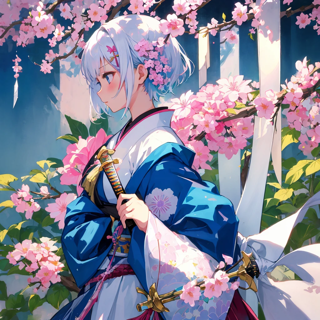 One girl, solo, short hair, hair ornament, sword in hand, (weapon, sword, held in arm), kimono, hanging scroll, upper body, flowers, white hair, flowers in hair, electronic, from side, profile, pink flowers, blue flowers, Japanese painting,