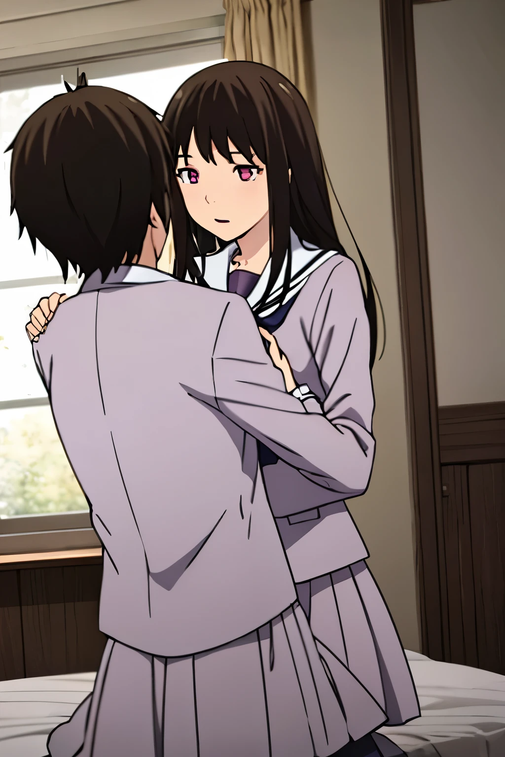 masterpiece:1.6, best quality), finely detailed beautiful eyes: 1.2), colorful, 1boy, boy is behind girl, buzzcut, brown eyes, school uniform,breast grope from behind, boy caressing girl's chest ,  1girl, school uniform, black hair, sit, sit on bed, sitting, bedroom, indoors, perfect anatomy, couple, love making, date, cuddling , breastgrope from behind