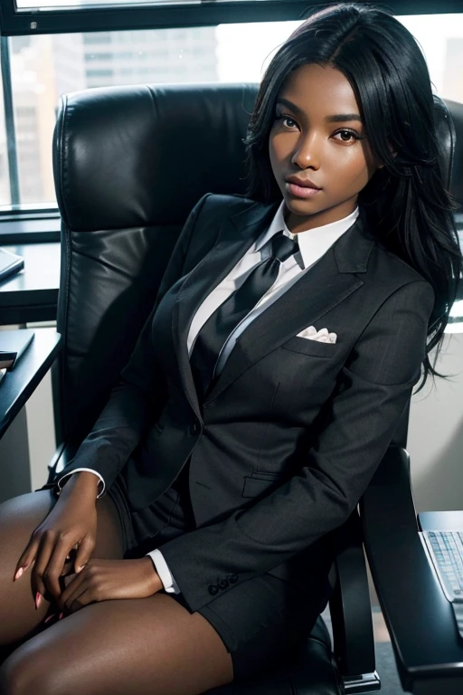 Ebony skin and black hair sparkle in the sunlight, Sit in an office chair. Dressed in a suit.Highly detailed CG Unity 8K wallpaper, highest quality, Super detailed, masterpiece, realistic, photo realistic, Very knowledgeable cute girl