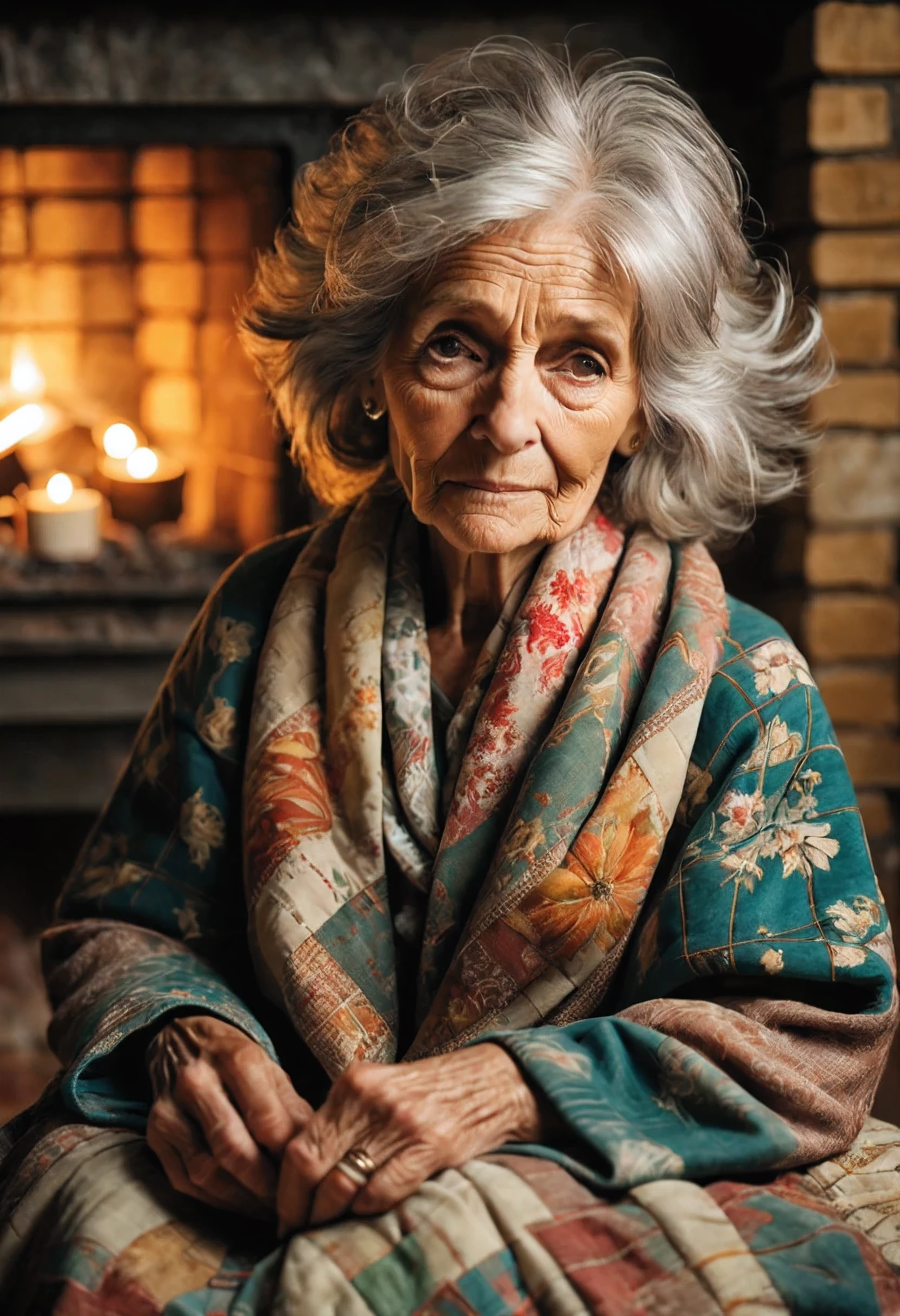 A frail but spirited woman in her 60's with kind eyes and streaks of silver in her hair sits by a crackling fireplace, her calloused hands mending a worn patchwork quilt. The soft glow of candlelight illuminates her face, etched with lines that tell stories of hardship and love. A faded floral shawl drapes over her shoulders, and the scent of fresh bread mingles with the smoky air.