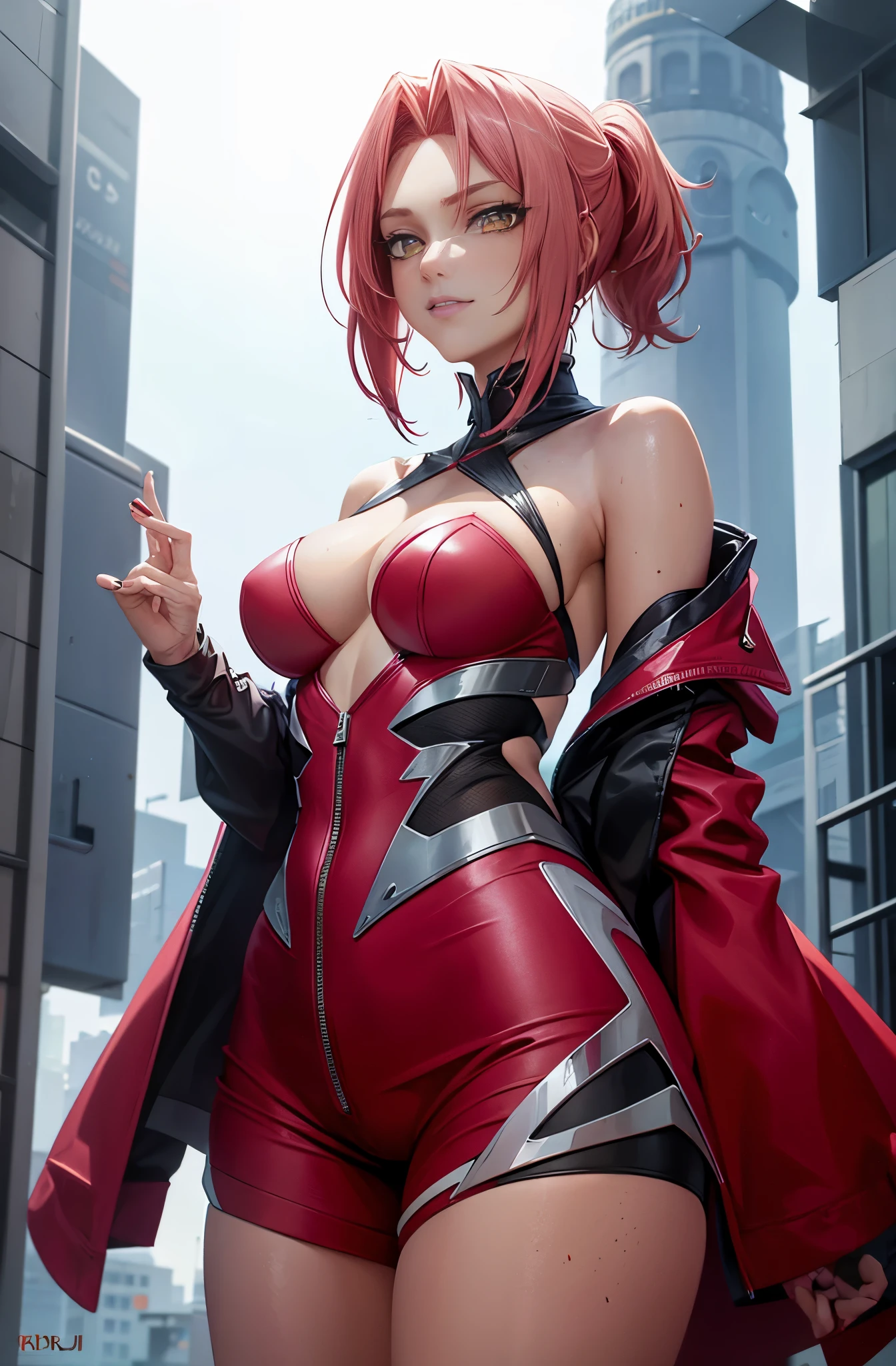 Low Girl, short pink hair, yellow eyes, light eyes, Straight eyes, lonely eyes hair in a low ponytail, wild hair, Sloppy hairstyle, freckles, snub nose, Broad smile, GLAD, shoulder length hair, red costume, shorts, фуфайка, European appearance, Beautiful hands, на фоне spaceа, masterpiece, High quality, space, Hands behind your back