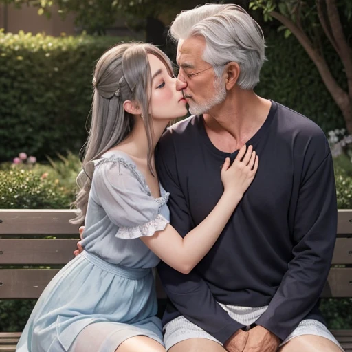 age girl、Gray-haired man、hug a girl、Large bust、larger hips、blush、embarrassed expression、close contact、dandy、girl hugging a man、kiss、Girl Spanning Men、Disturbed clothing、mini skirt、garden、pink ruffle nightgown、Elderly Man、girl touching her breasts to a man、transparent clothes、Seducing Girl、nipple protrusion、lie down