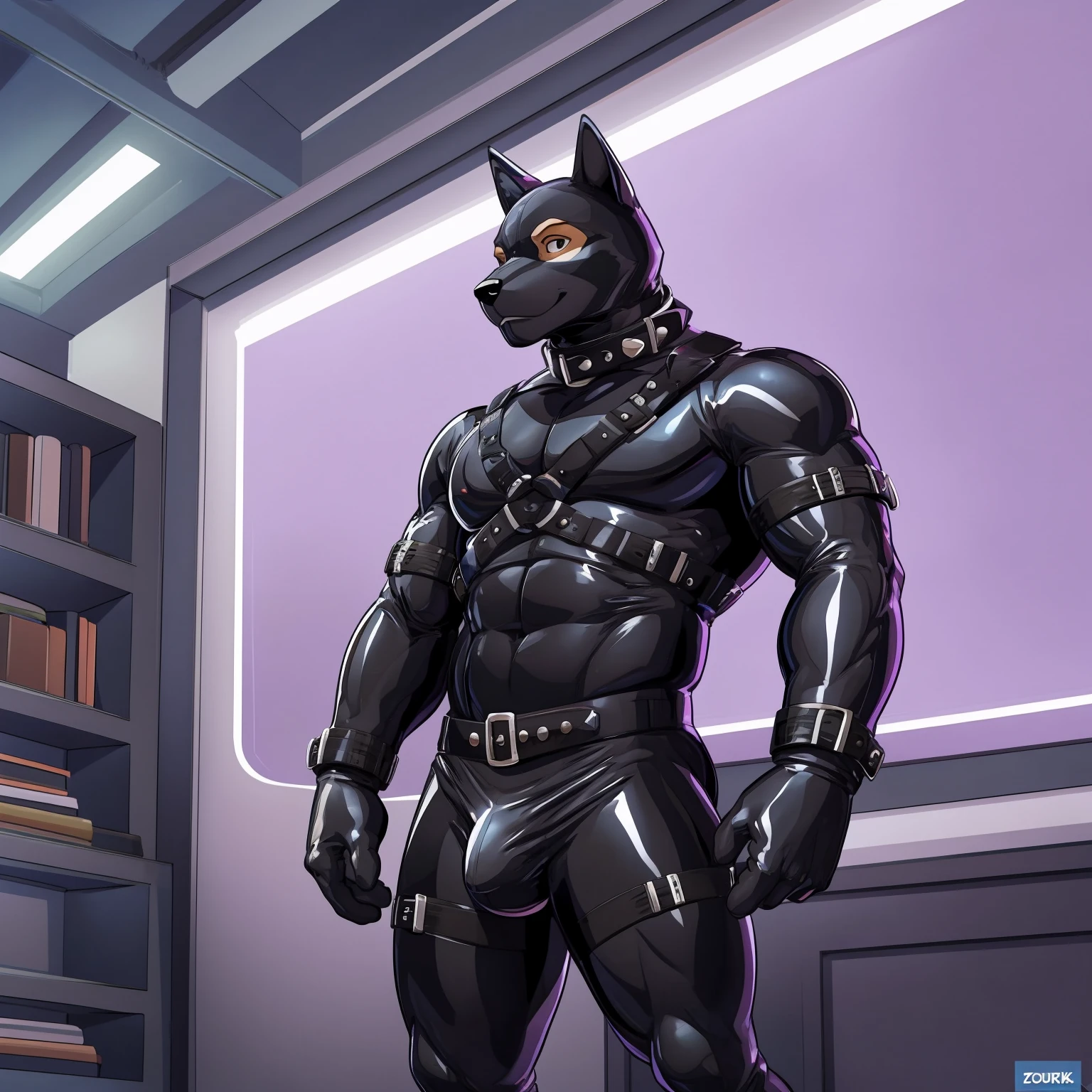 mammal, canine, canis, canid, (wolf), anthro, bodily fluids, bulge, erection under clothing, hair, ineffective clothing, inside, latex, latex suit, latex clothing, rubber, rubber suit, rubber clothing, fully clothed, collar, pup hood, puppyplay, black eyes, skinsuit, latex hood, latex books, latex gloves, male, science fiction, solo, standing, translucent, translucent clothing, translucent latex, smile, looking at viewer, hi res, anime, anime style, digital flat colors, sharp shadows, shaded, male focus, extreme detailed illustration, good anatomy, detailed RPG CG, masterpiece, best quality, detailed background, by_zourik, by_wfa, by_haps, 