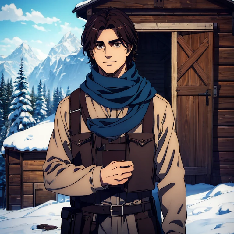 (best quality,4k,,masterpiece:1.2),ultra-detailed,realistic,photorealistic:1.37,male character,brown eyes,black medium frenzy hair,blue scarf,sharp jawline, he is smiling, behind him a small cabin,  