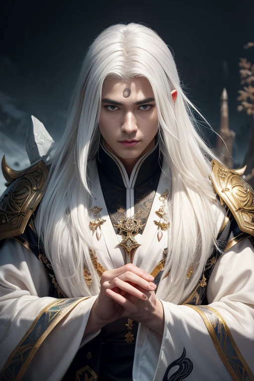 Masterpiece, close-up of a man with white hair and white mask, beautiful figure painting, Guviz, Guwiz style artwork, white-haired god, Yang J, epic exquisite character art, amazing character art, Fan Qi, Wu Zhun Shifan, Gu Vitz in Pixiv Art Station, Antique, Mountains and Rivers