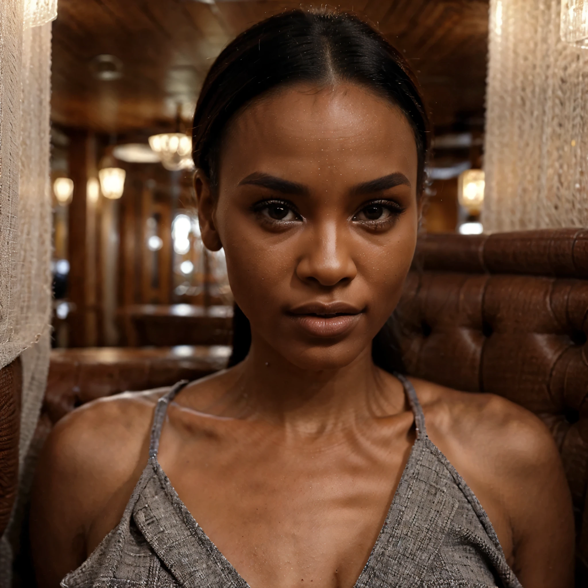 (8k, highest quality, ultra detailed:1.37), 40yo, a stylish African women, showcases her unique fashion sense in a trendy setting. She wears nothing, naked. The high-resolution image captures ultra-detailed realism, highlighting confident pose, captivating eyes, and flawless complexion. the background iconic stockyards in Fort Worth