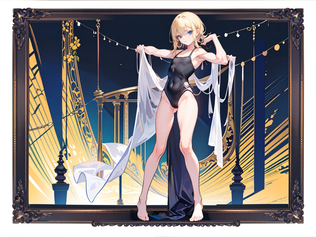 1girl, black camisole, Slender 9-year-old, blonde, blue-eyed, (full body seen:1.3), (Frame-in from head to foot:1.3), strong arms, muscular thighs, ripped muscles, six pack abs, muscle arms, muscular, slim, Petite, flat chest