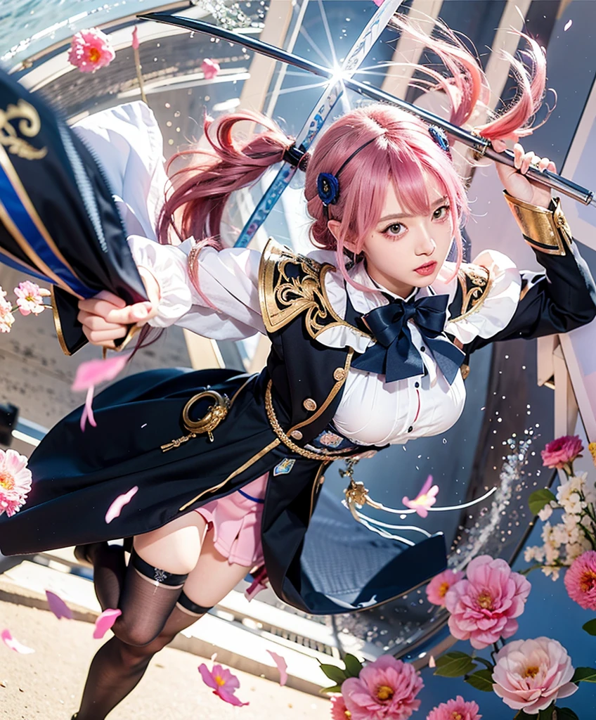 Anime girl with pink hair and blue skirt holding sword, kushat krentz critical art women, portrait of the magical girl, Highly detailed official artwork, alchemist girl, splash ink art anime , Kitagawa Marin fan art, zero art, Popular topics on artstation pixiv, Detailed key animation art, Ayakashi original god impact, Best Anime 4K Konachan Wallpapers