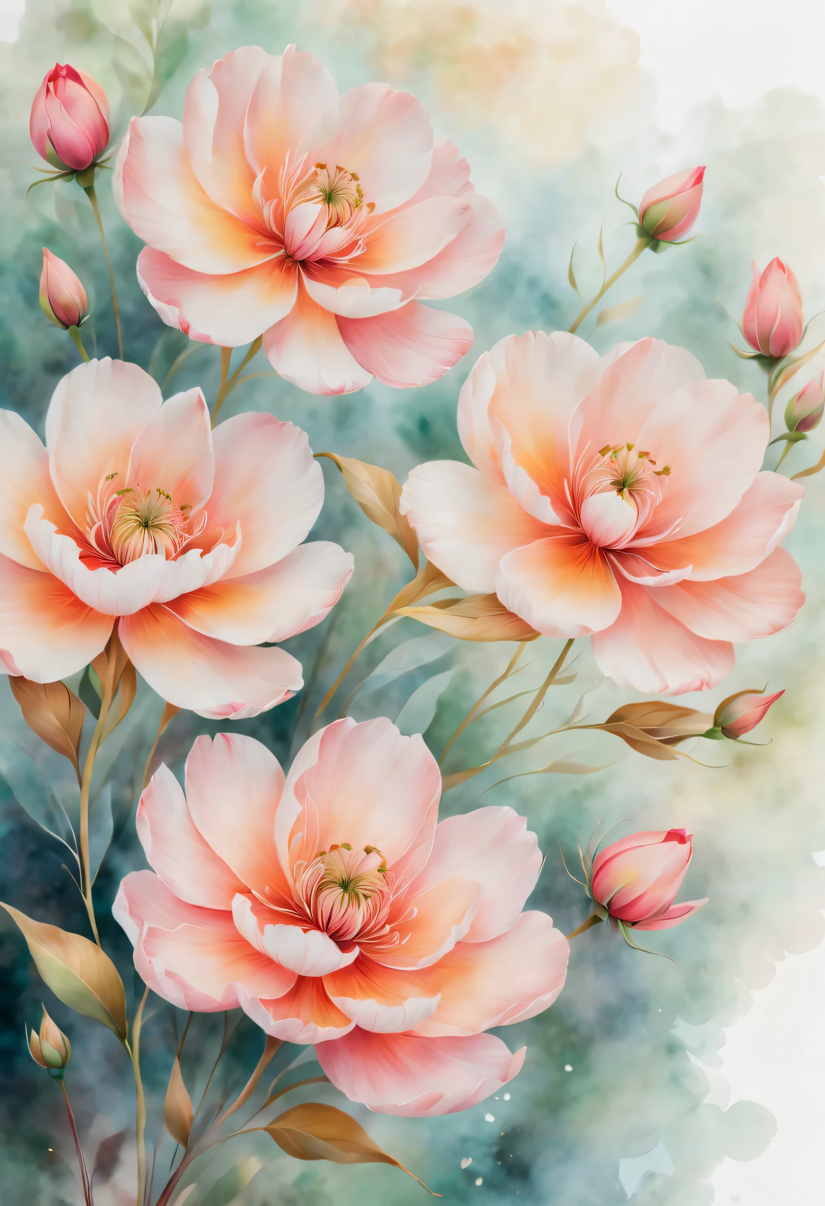 art by mooncryptowow, detailed illustration of watercolor paint, delicate strokes of watercolor, vibrant flowers bloom with an ethereal beauty, their petals awash in a soft, dreamy palette of hues, Each brushstroke captures the graceful dance of nature,  detailed watercolor effect, 4K resolution