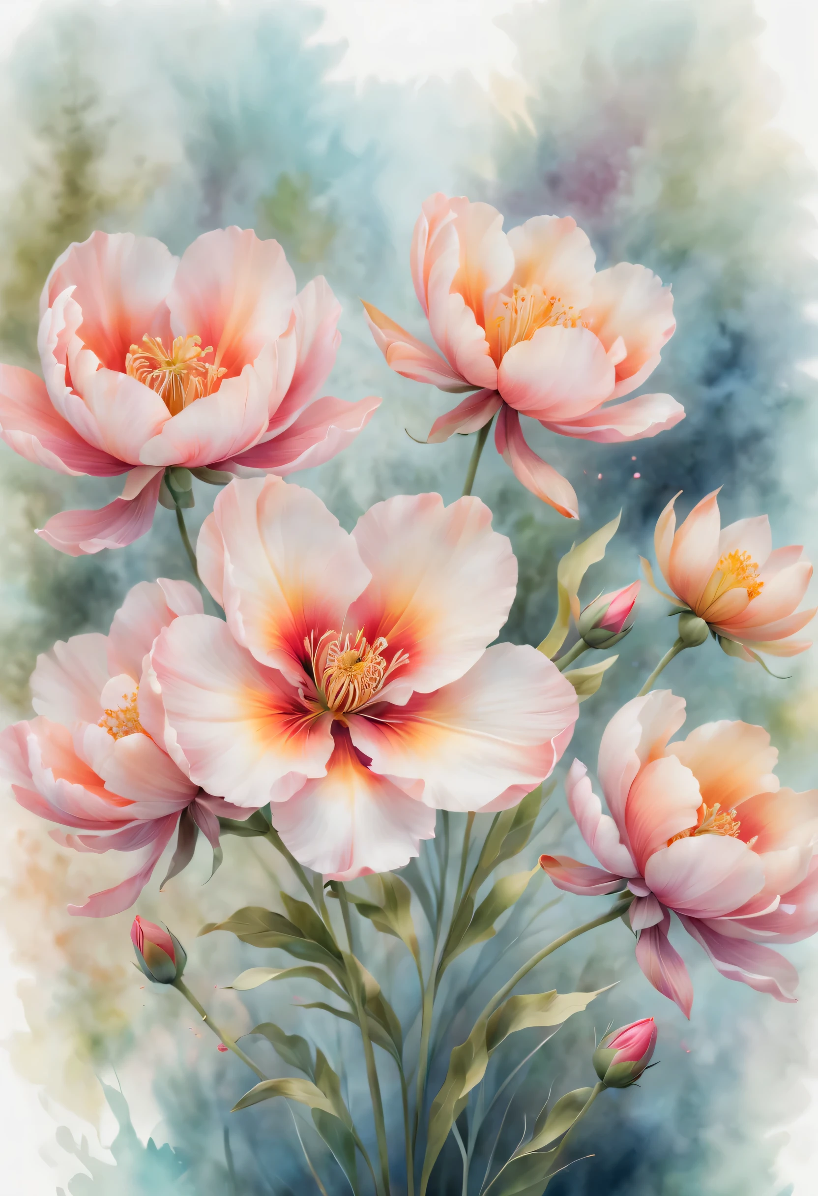 art by mooncryptowow, detailed illustration of watercolor paint, delicate strokes of watercolor, vibrant flowers bloom with an ethereal beauty, their petals awash in a soft, dreamy palette of hues, Each brushstroke captures the graceful dance of nature,  detailed watercolor effect, 4K resolution