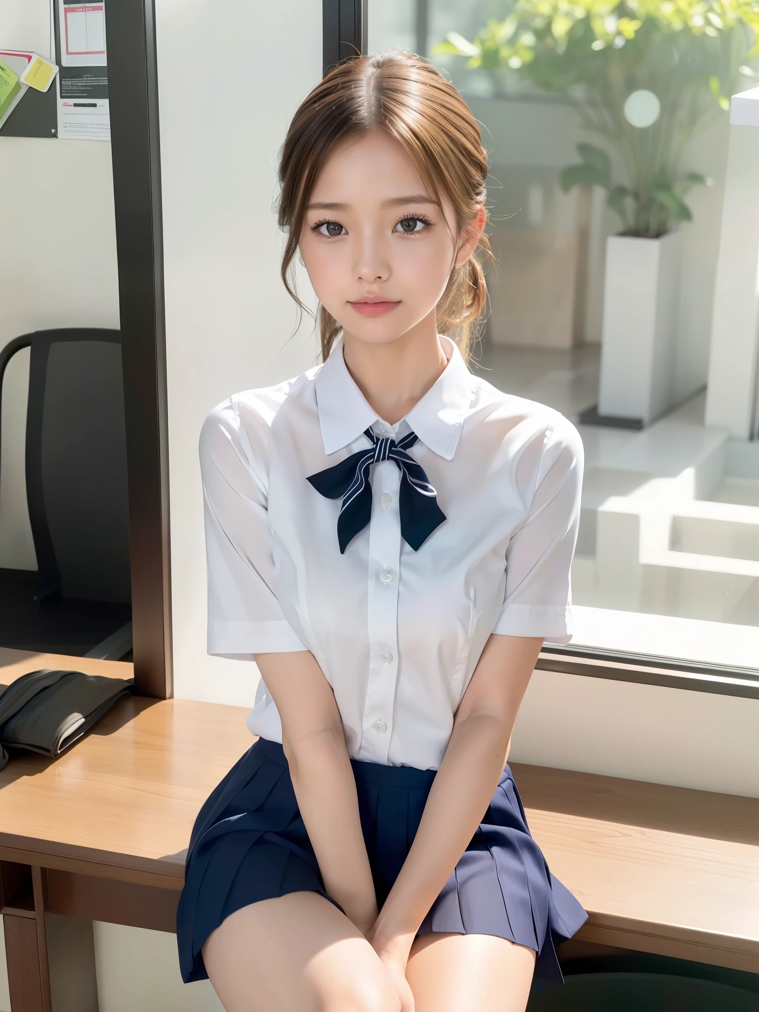 (school uniform), ((of the highest quality, 8K, masutepiece: 1.3, Raw photo)), Sharp Focus: 1.2, (1 AESPA Girl :1.1), (Solo: 1.18), (Realistic, Photorealistic: 1.37), (Face Focus: 1.1), Cute face, hyperdetailed face, Short messy hair, updo, (Small breasts, flat chest, Thigh: 1.1), (sitting, office room: 1.1)