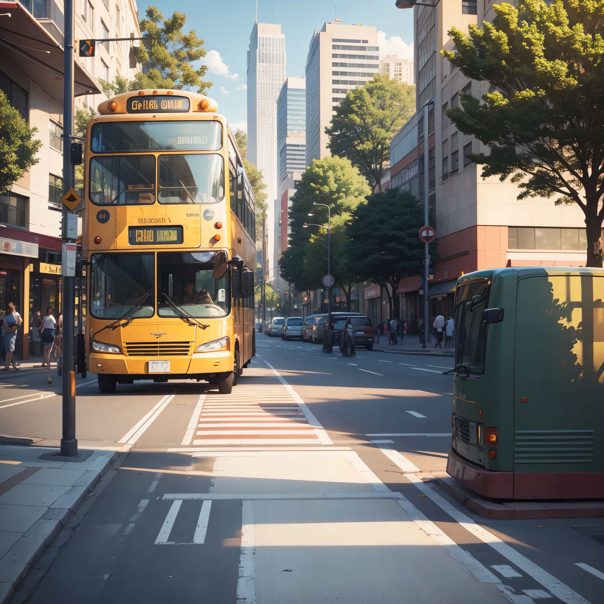 orderly, bus driving on road, Plaza, front look