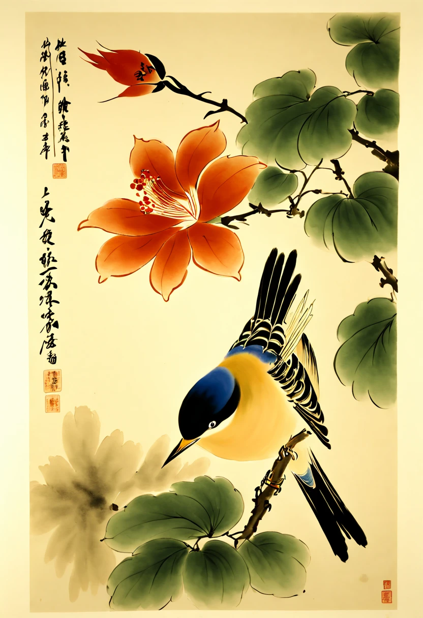 watercolor painting, flowers, bird, (by Qi Baishi), (best quality, masterpiece, 8k)