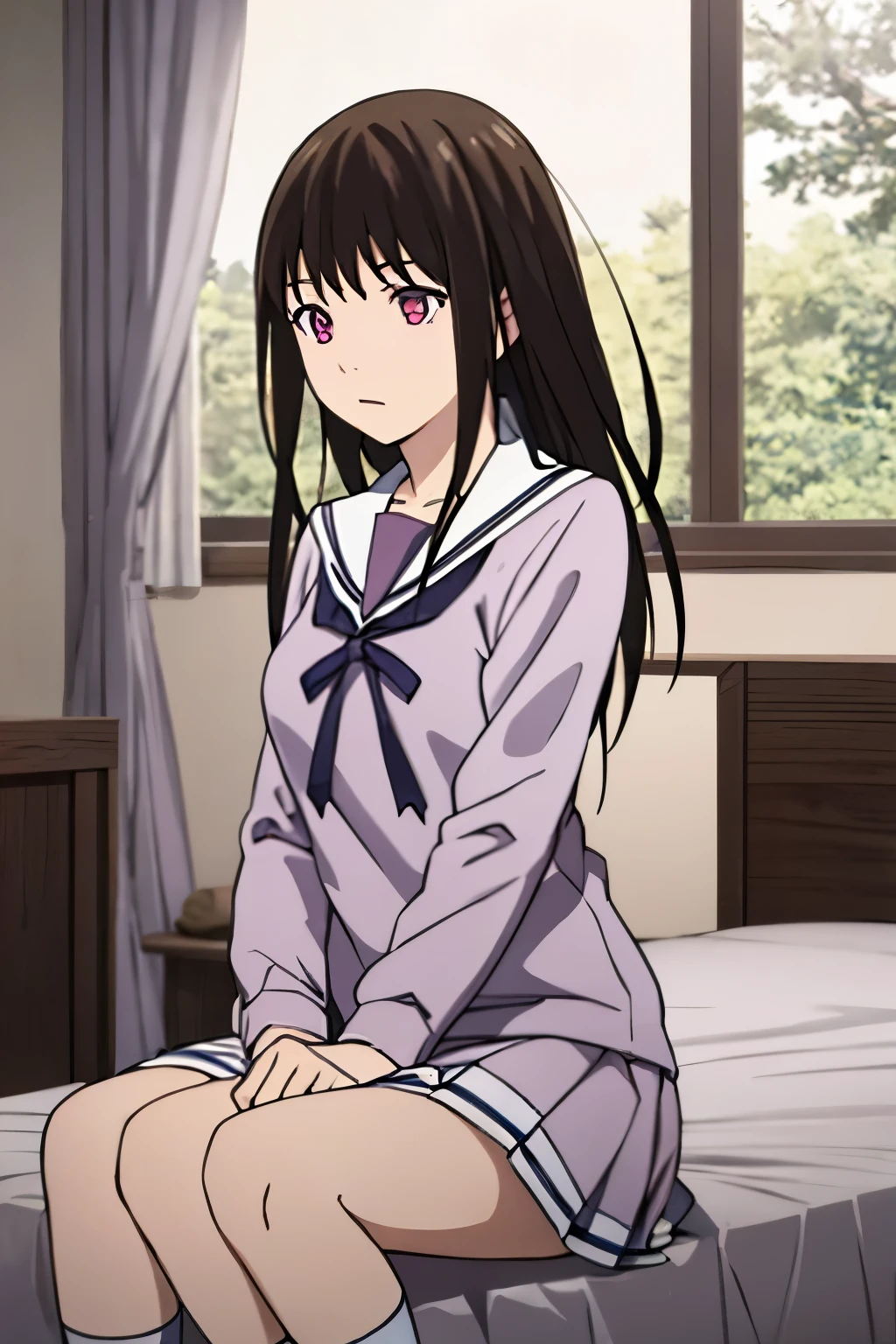 masterpiece:1.6, best quality), finely detailed beautiful eyes: 1.2), colorful, 1girl, school uniform, black hair, sit on bed, bedroom, indoors, perfect anatomy, couple, breastgrope from behind, 1boy, boy is behind girl, buzzcut, brown eyes, school uniform,breast grope from behind, boy caressing girl's chest , hug, hug back, hug from behind