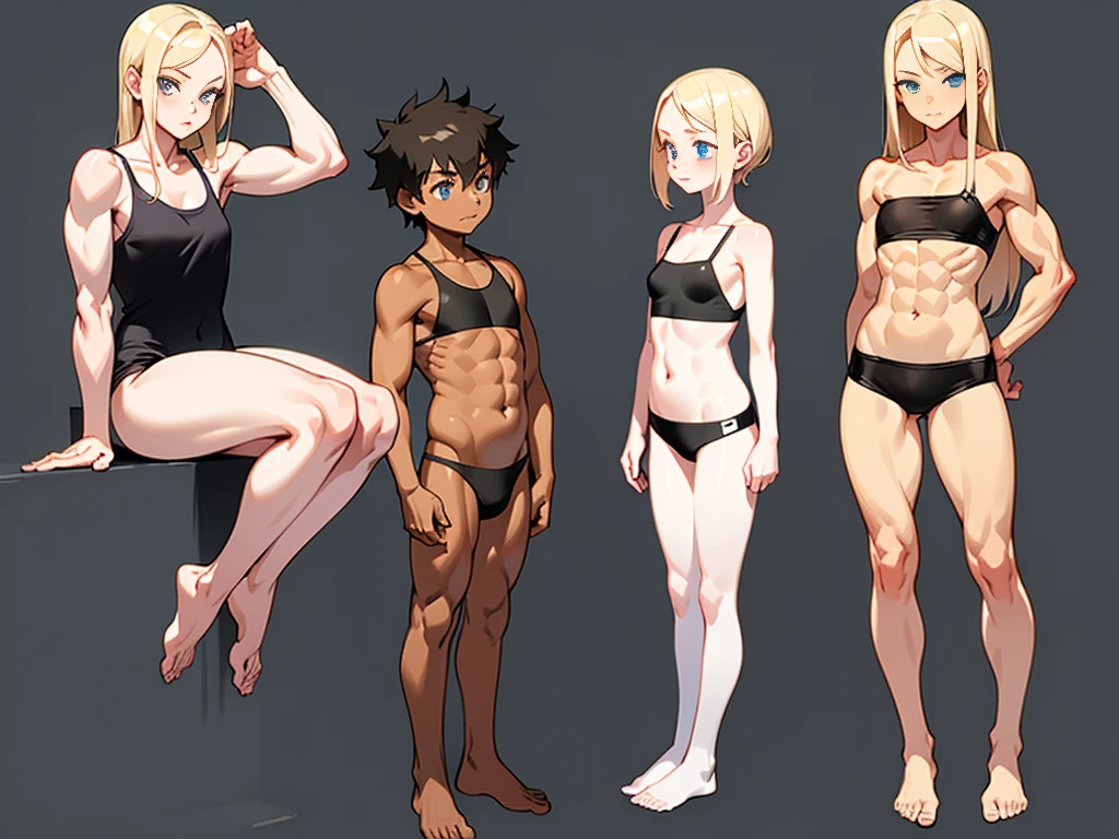 1girl, black camisole, 11-year-old, blonde, blue-eyed, (full body seen:1.3), strong arms, muscular thighs, ripped muscles, six pack abs, muscle arms, muscular, slim, Petite, flat chest