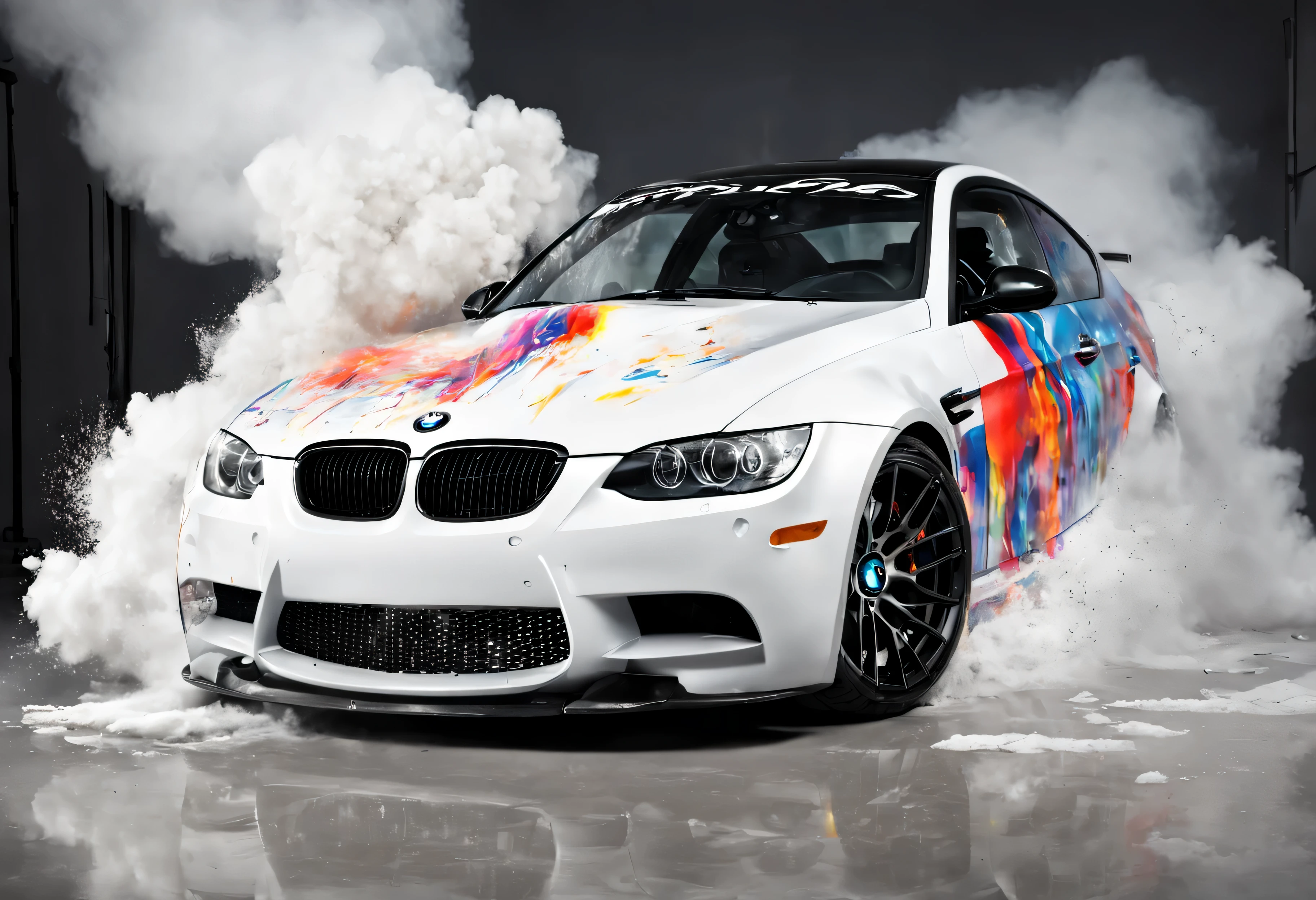 bmw m3 e92, blanc, studio photo de style, paint explosions in the background