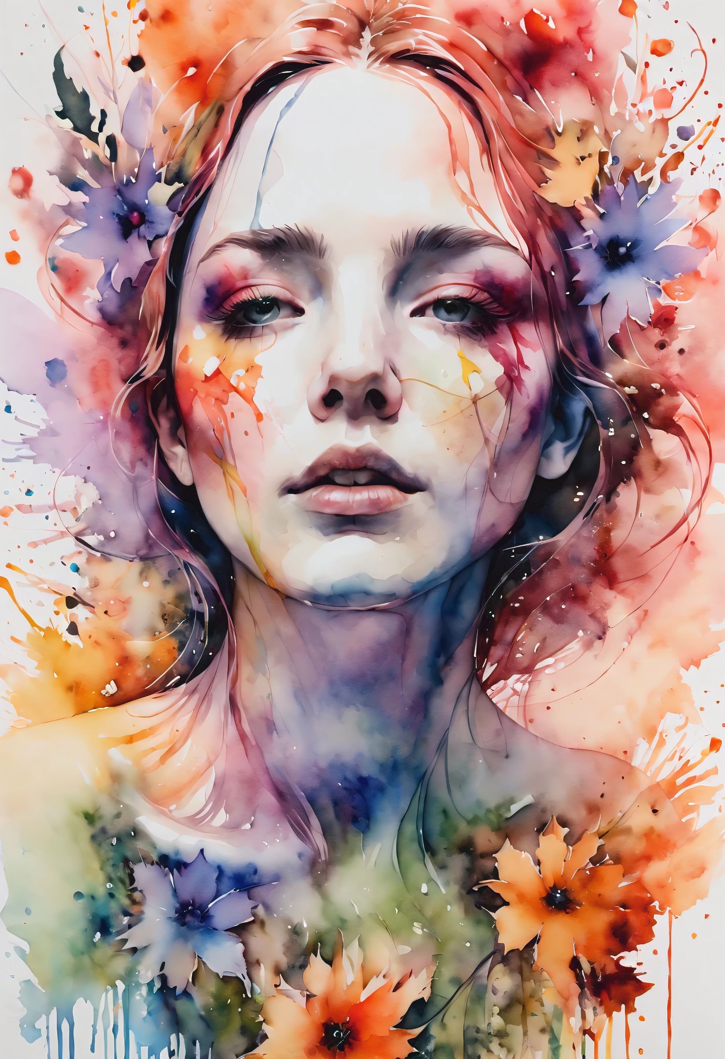 (((watercolor:1.5))), ((watercolor painting):1.4), ((a painting of woman by Agnes Cecile):1.3), ((Flowers):1.4), ((luminious design):1.3), ((autumn lights):1.1), Gouache with intricate details, pastel color, ink drips, Detailed brushstrokes have been enhanced, Careful brushwork creates an atmosphere, Utilize delicate yet powerful brushstroke techniques, Create an enchanting atmosphere. highly detailed gouache, ((Unparalleled sharpness and clarity):1.1), ((Radiosity rendered in stunning 32K resolution):1.3), All captured with sharp focus.