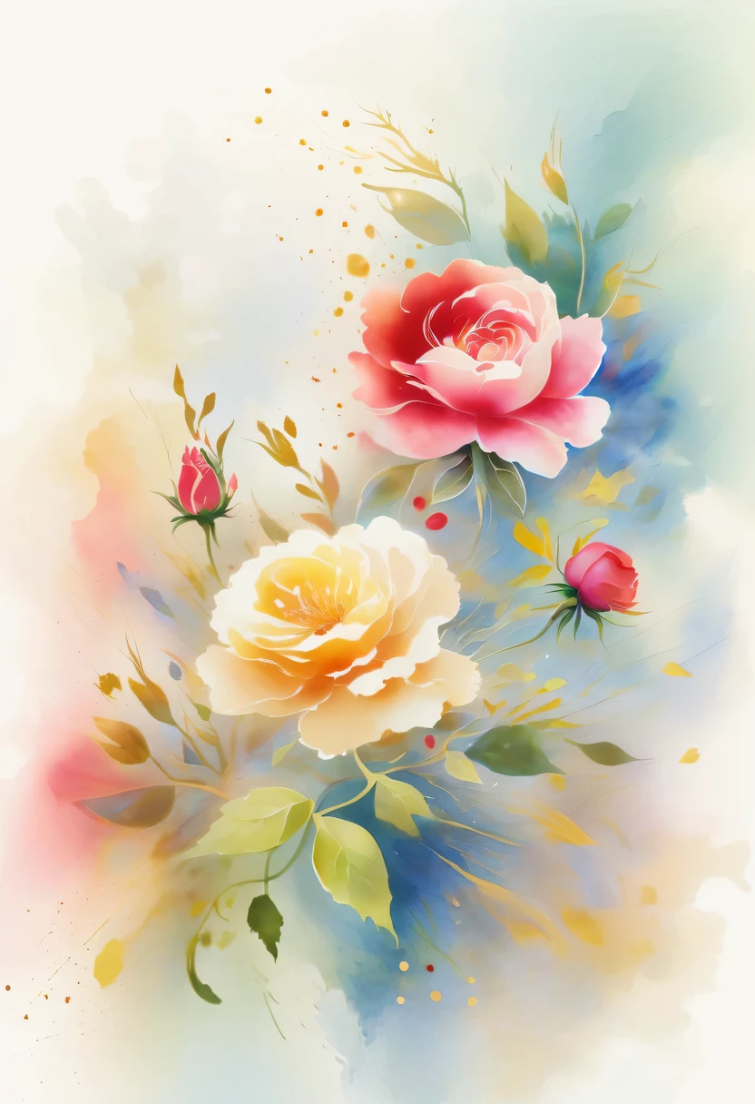 This watercolor flower painting presents an elegant and fresh visual effect。Wildflowers and roses in the field,Forming the perfect combination of nature and romance。The screen is dominated by a white background,Highlight isolated watercolor flower。Splash technology recreates wet conditions,The atmosphere seems vague and dreamy。Unique composition and abstract expression add to the artistic feel of the picture,Contains elements of surrealism。The overall color tone is mainly light tones,Red and gold complement each other,Show high-resolution details。The splash-ink effect adds a touch of agility to the picture,The light color gives the flowers a deep and restrained beauty.
