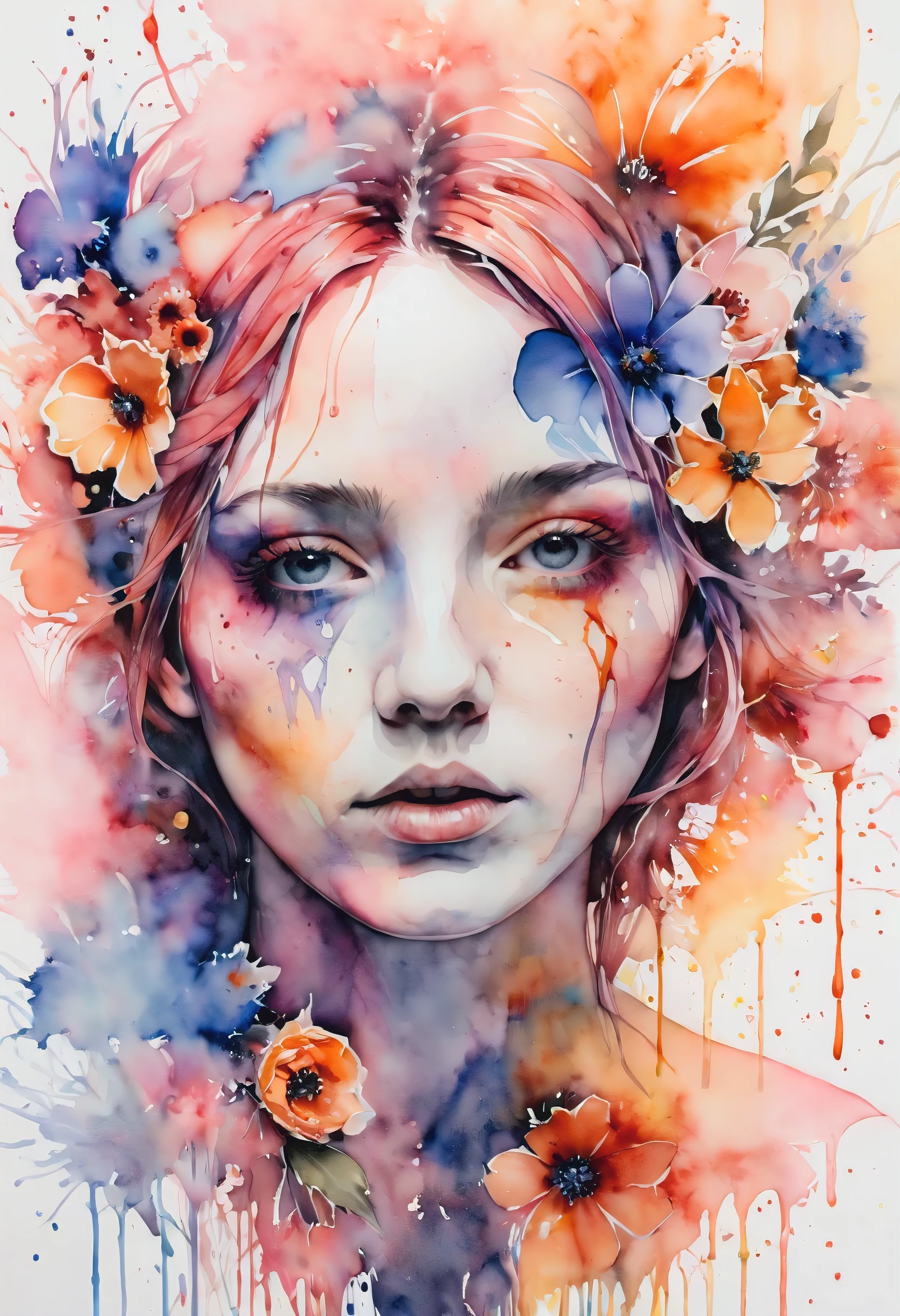 (((watercolor:1.5))), ((watercolor painting):1.4), ((a painting of woman by Agnes Cecile):1.3), ((Flowers):1.4), ((luminious design):1.3), ((autumn lights):1.1), Gouache with intricate details, pastel color, ink drips, Detailed brushstrokes have been enhanced, Careful brushwork creates an atmosphere, Utilize delicate yet powerful brushstroke techniques, Create an enchanting atmosphere. highly detailed gouache, ((Unparalleled sharpness and clarity):1.1), ((Radiosity rendered in stunning 32K resolution):1.3), All captured with sharp focus.