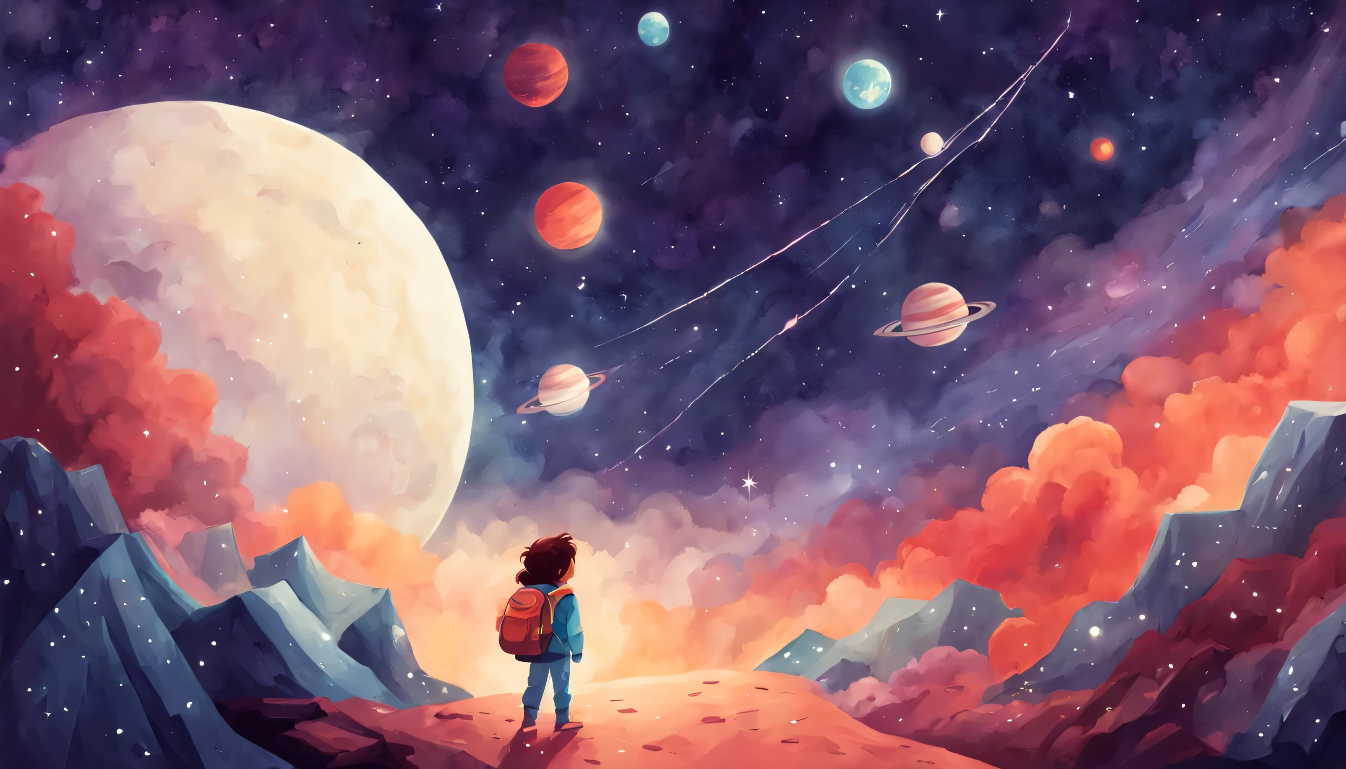 Space white Children's Book Illustration, Galactic Color Palette, Meteor Shower, Outer Space Landscape, Cosmic Night, Wonder-filled Mood, KidsRedmAF,
 