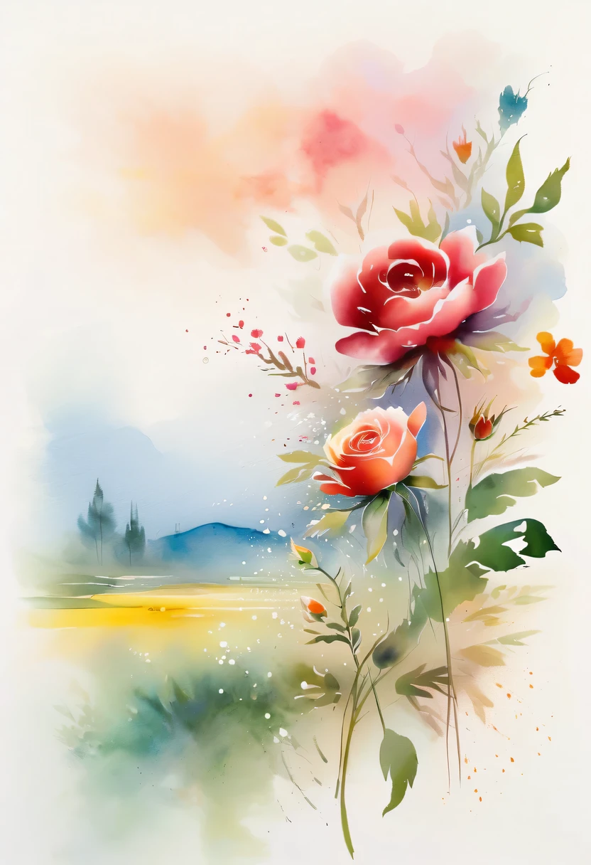 This watercolor flower painting presents an elegant and fresh visual effect。Wildflowers and roses in the field，Forming the perfect combination of nature and romance。The screen is dominated by a white background，Highlight isolated watercolor flower。Splash technology recreates wet conditions，The atmosphere seems vague and dreamy。Unique composition and abstract expression add to the artistic feel of the picture，Contains elements of surrealism。The overall color tone is mainly light tones，Red and gold complement each other，Show high-resolution details。The splash-ink effect adds a touch of agility to the picture，The light color gives the flowers a deep and restrained beauty.