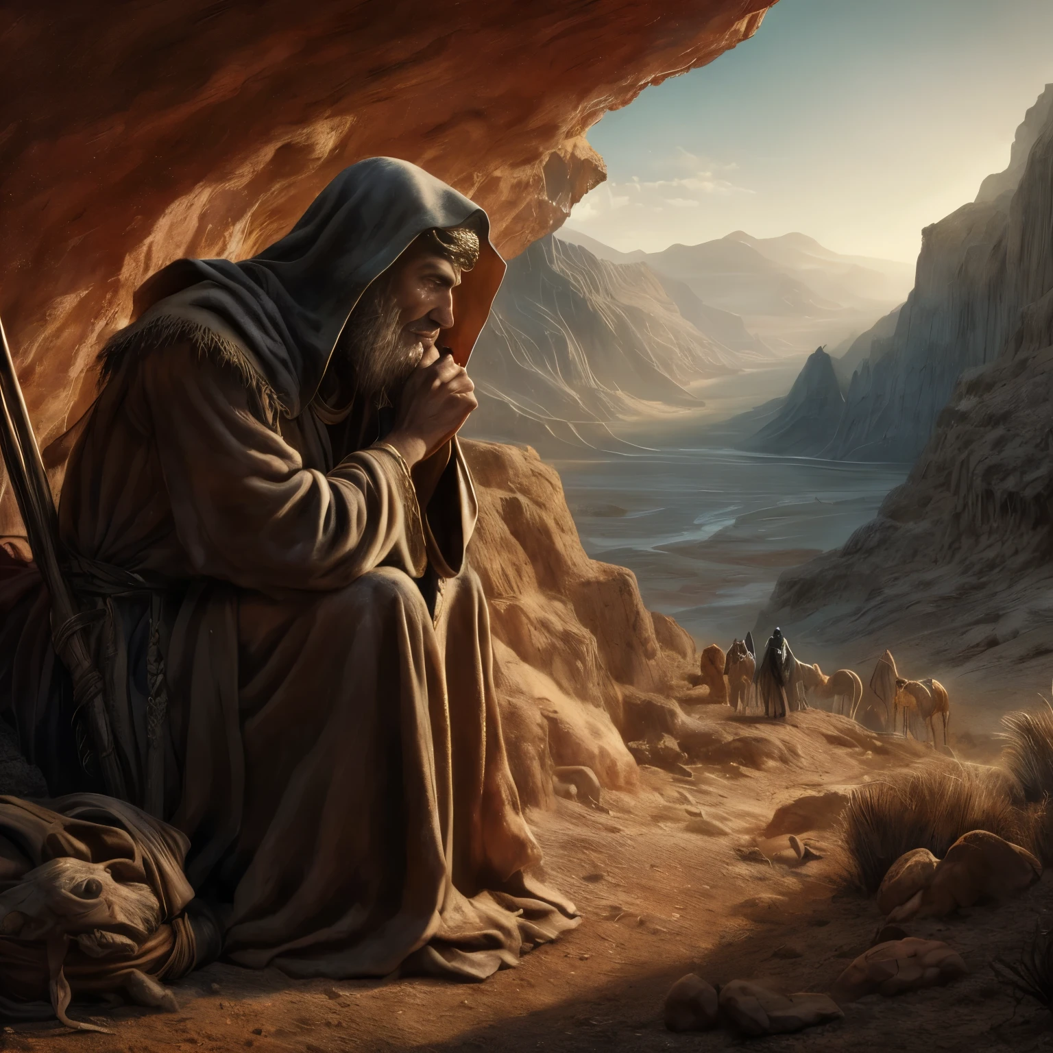 homem arafiado sentado em uma caverna com ovelhas ao fundo, portrait of bedouin d&d, Kerem couplet, por Kerembeyit, por Johfra Bosschart, por Andreas Rocha, por Alexander Kucharsky, por Christophe Vacher, Direction: Darek Zabrocki, andreas rocha e john howe, Arte de fantasia 4k