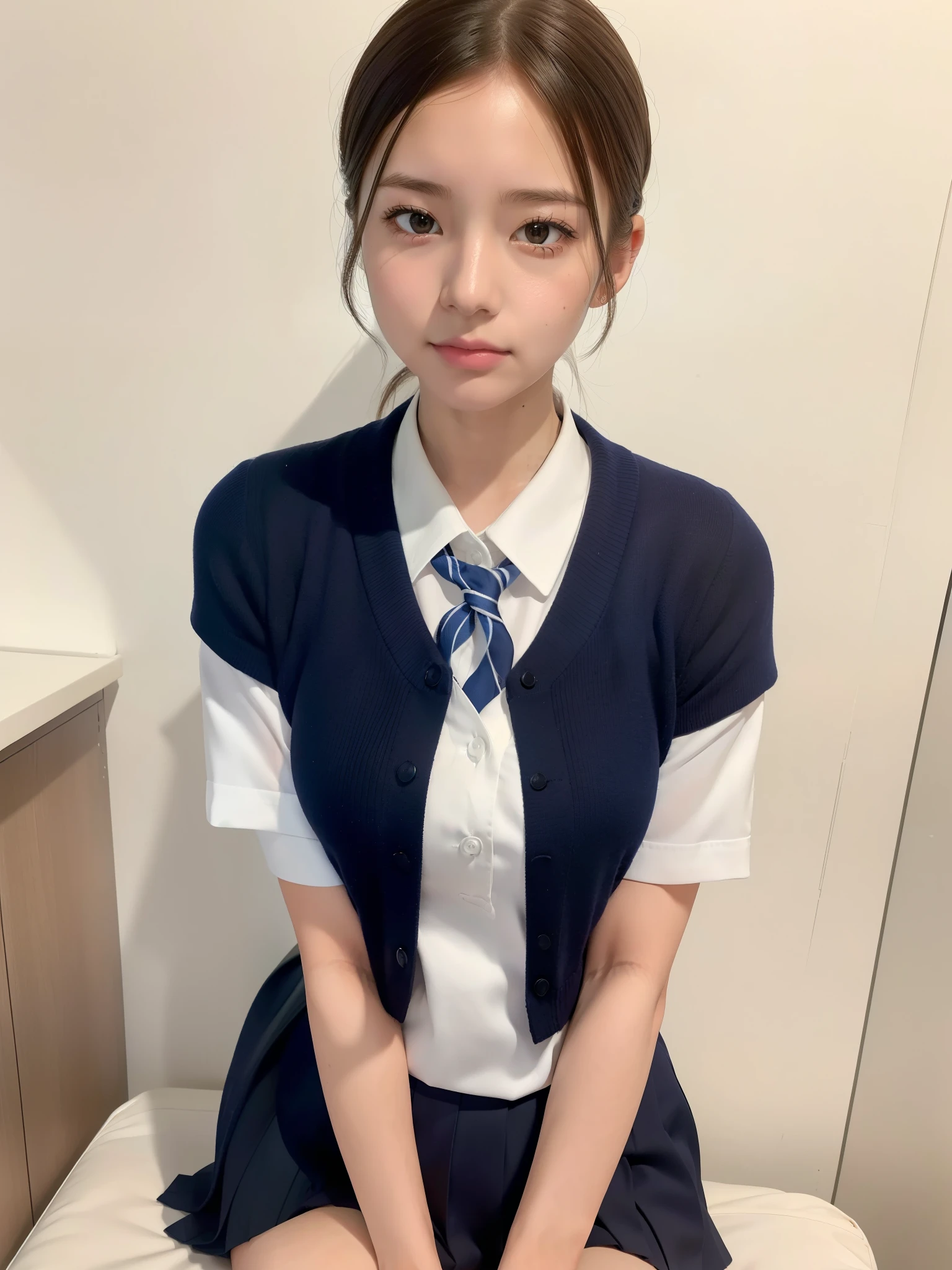(school uniform), ((of the highest quality, 8K, masutepiece: 1.3, Raw photo)), Sharp Focus: 1.2, (1 AESPA Girl :1.1), (Solo: 1.18), (Realistic, Photorealistic: 1.37), (Face Focus: 1.1), Cute face, hyperdetailed face, Short messy hair, updo, (Small breasts, flat chest, Thigh: 1.1), (sitting, office room: 1.1)