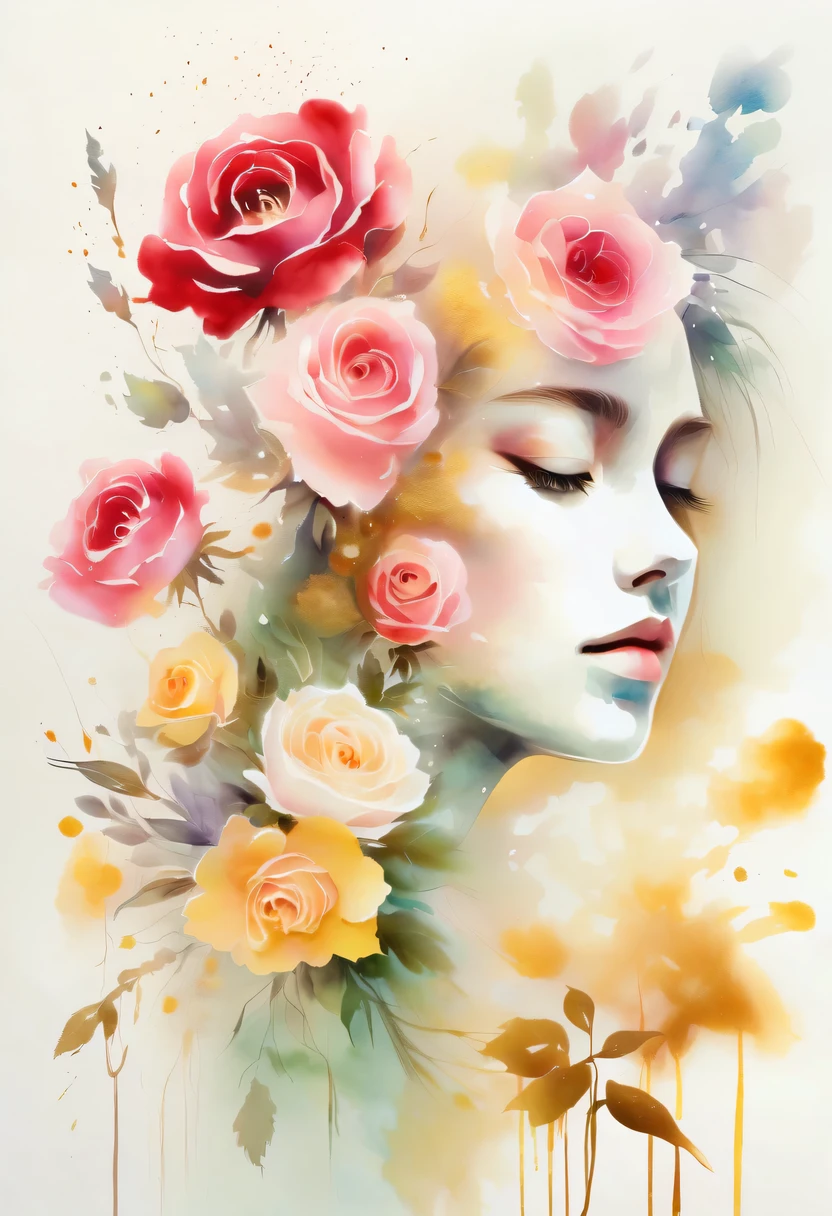 This watercolor flower painting presents an elegant and fresh visual effect。Wildflowers and roses in the field，Forming the perfect combination of nature and romance。The screen is dominated by a white background，Highlight isolated watercolor flower。Splash technology recreates wet conditions，The atmosphere seems vague and dreamy。Unique composition and abstract expression add to the artistic feel of the picture，Contains elements of surrealism。The overall color tone is mainly light tones，Red and gold complement each other，Show high-resolution details。The splash-ink effect adds a touch of agility to the picture，The light color gives the flowers a deep and restrained beauty.