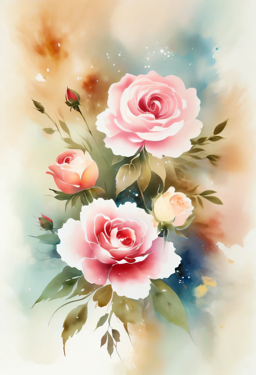 This watercolor flower painting presents an elegant and fresh visual effect。Wildflowers and roses in the field,Forming the perfect combination of nature and romance。The screen is dominated by a white background,Highlight isolated watercolor flower。Splash technology recreates wet conditions,The atmosphere seems vague and dreamy。Unique composition and abstract expression add to the artistic feel of the picture,Contains elements of surrealism。The overall color tone is mainly light tones,Red and gold complement each other,Show high-resolution details。The splash-ink effect adds a touch of agility to the picture,The light color gives the flowers a deep and restrained beauty.