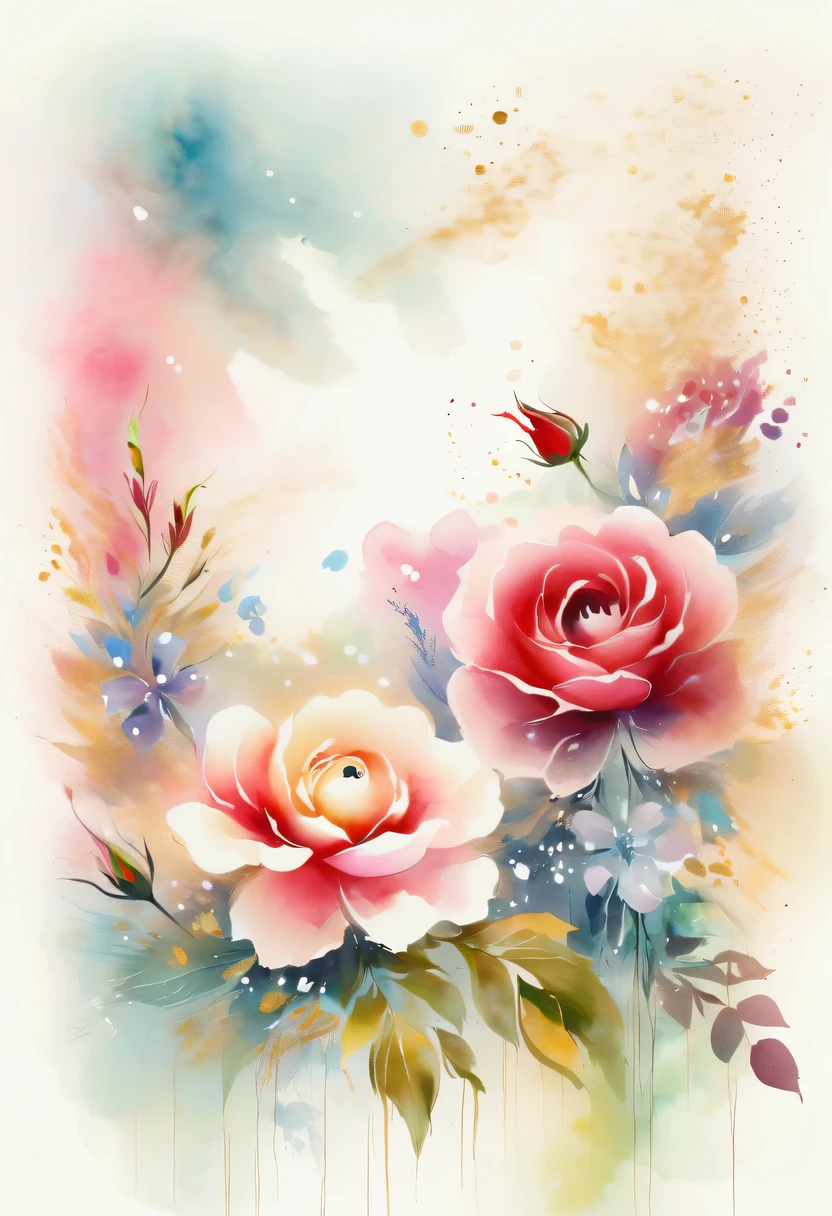 This watercolor flower painting presents an elegant and fresh visual effect。Wildflowers and roses in the field，Forming the perfect combination of nature and romance。The screen is dominated by a white background，Highlight isolated watercolor flower。Splash technology recreates wet conditions，The atmosphere seems vague and dreamy。Unique composition and abstract expression add to the artistic feel of the picture，Contains elements of surrealism。The overall color tone is mainly light tones，Red and gold complement each other，Show high-resolution details。The splash-ink effect adds a touch of agility to the picture，The light color gives the flowers a deep and restrained beauty.