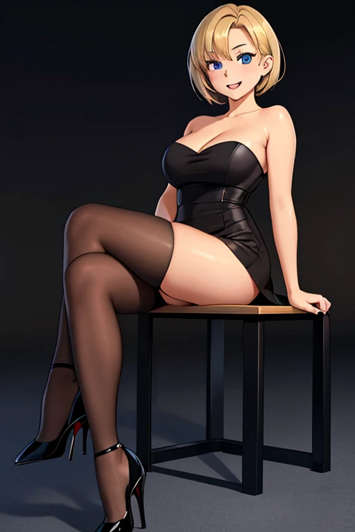 Young woman 18 years: 1.3, Short blonde hair: 1.2, Tall: 1.2, Occupation: 1.2, Nighttime: 1.2, Bedroom: 1.2, Film lighting, Sitting Pose, Best quality, 8k, short black dress, strapless black dress, bare shoulders, bare arms, large breasts ((anime strokes)) Korean girl, seductive look, sexy, open mouth and smiling ((medium breasts)) (best quality), black high heels