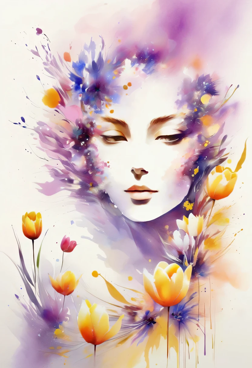 This watercolor flower painting presents an elegant and fresh visual effect。Field of wildflowers and tulips，Forming the perfect combination of nature and romance。The screen is dominated by a white background，Highlight isolated watercolor flower。Splash technology recreates wet conditions，The atmosphere seems vague and dreamy。Unique composition and abstract expression add to the artistic feel of the picture，Contains elements of surrealism。The overall color tone is mainly light tones，Purple and gold complement each other beautifully，Show high-resolution details。The splash-ink effect adds a touch of agility to the picture，The light color gives the flowers a deep and restrained beauty.