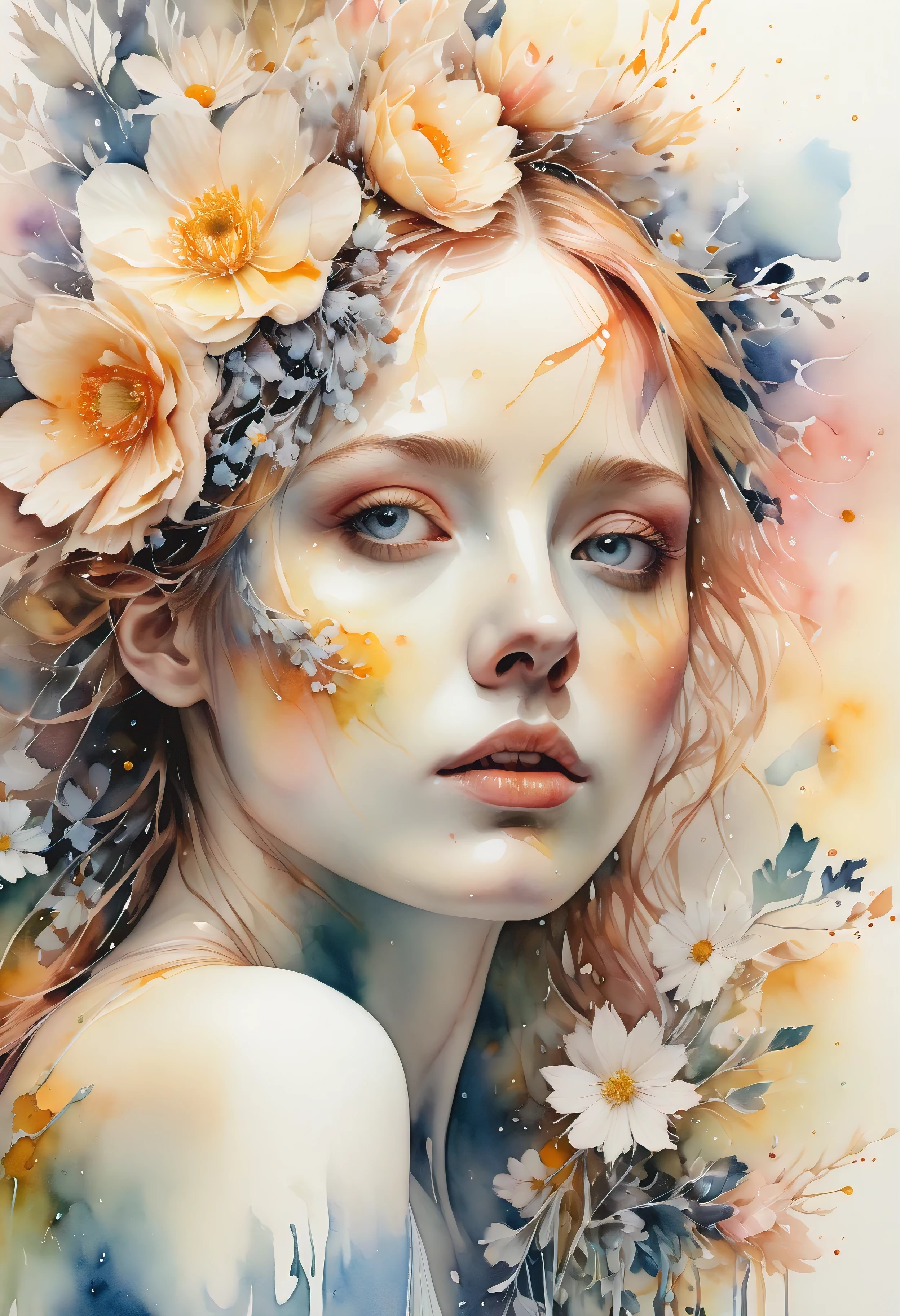 ((Masterpiece in maximum 16K resolution):1.6), ((intricate detail):1.4), ((extremely insane detail):1.4),((highest quality):1.3),((Soft colors 4k highly detailed digital art):1.3). | (((watercolor:1.5))), ((watercolor painting):1.4), ((a painting of woman by Agnes Cecile):1.3), ((Flowers):1.4), ((luminious design):1.3), ((autumn lights):1.1), Gouache with intricate details, pastel color, ink drips, Detailed brushstrokes have been enhanced, Careful brushwork creates an atmosphere, Utilize delicate yet powerful brushstroke techniques, Create an enchanting atmosphere. highly detailed gouache, ((Unparalleled sharpness and clarity):1.1), ((Radiosity rendered in stunning 32K resolution):1.3), All captured with sharp focus.