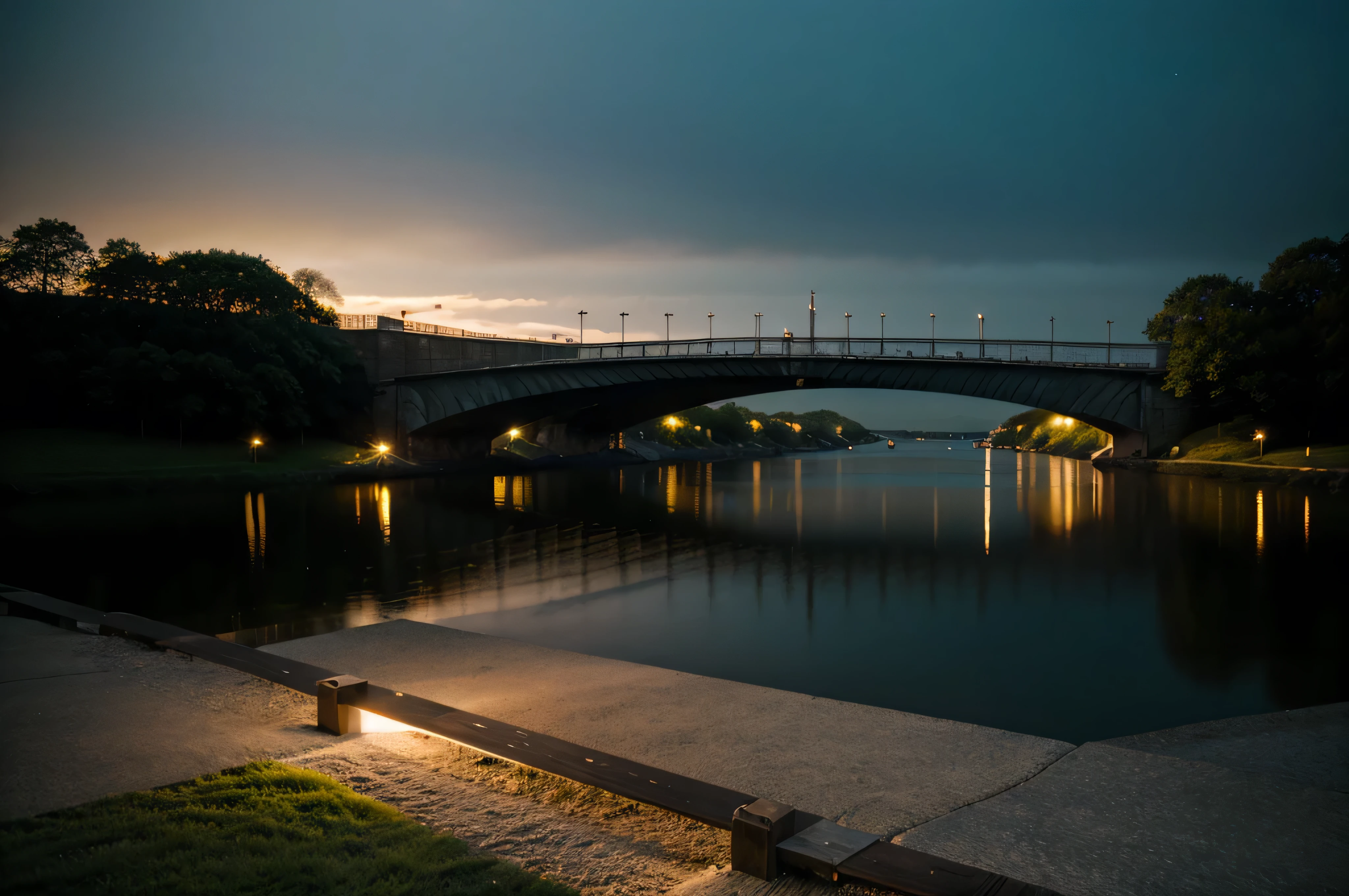 landscape, bridge, realistic, light abstraction, sharp focus, depth of field,