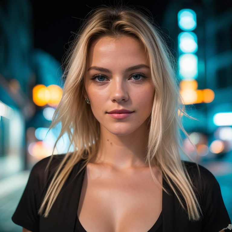 (selfie, Vue de dessus: 1.4), (right half of the body: 1.4), RAW UHD portrait photo of a 24 year old blonde walking down a dark alley, gros seins,, city at nuit, tee-shirt, (encolure), details (textures! , Cheveux! , blanc couleur!! , Disadvantages: 1.1), bright eyes with great details (Looking at the camera), Reflex lighting, Appareil photo reflex, ultra-quality, acuity, profondeur de champ, grain de film (Centre), Fujifilm XT3, clair comme de l&#39;eau de roche, frame Centre, beau visage, Sharpness, lampadaire, Neon lighting, Bokeh (dimly lit), nuit, (nuit sky), detailed skin pores, La peau grasse, Coup de soleil, complex eye details, tout le corps, big tits pierced 