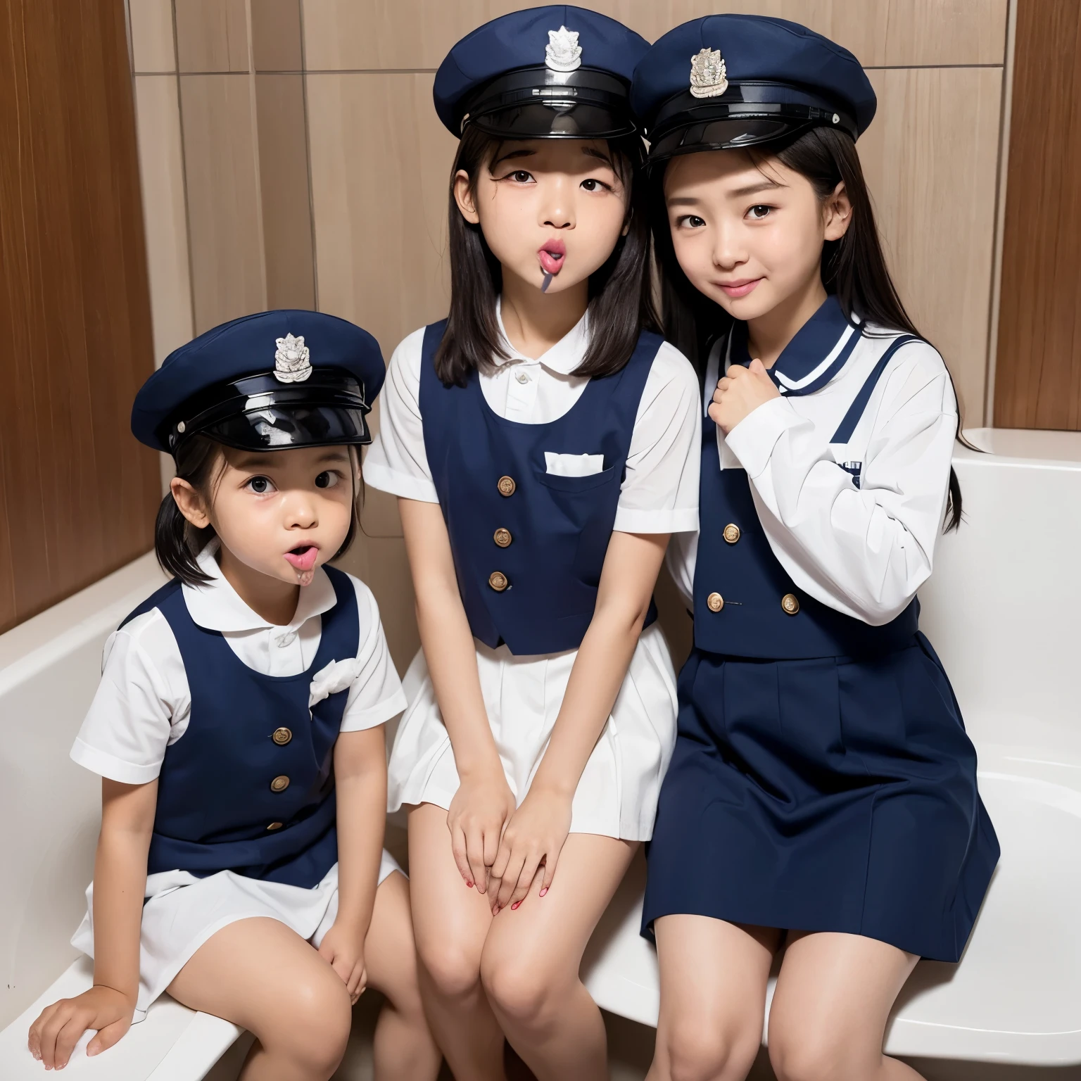 realistic pictures、highest quality、ultra high resolution、Professional specifications、shiny thighs、Very clear skin、(((Very loli child sisters sitting on the toilet bowl)))、inside the toilet、(((look at the camera)))、((Open your mouth wide and cum in my mouth))、Japanese blue school sailor suit、very short skirt、((Police Officer Cap))、short sleeve、belly button、child&#39;face、((A large amount of white semen drips from the mouth))、((crying face))、a large amount of semen in the hair,