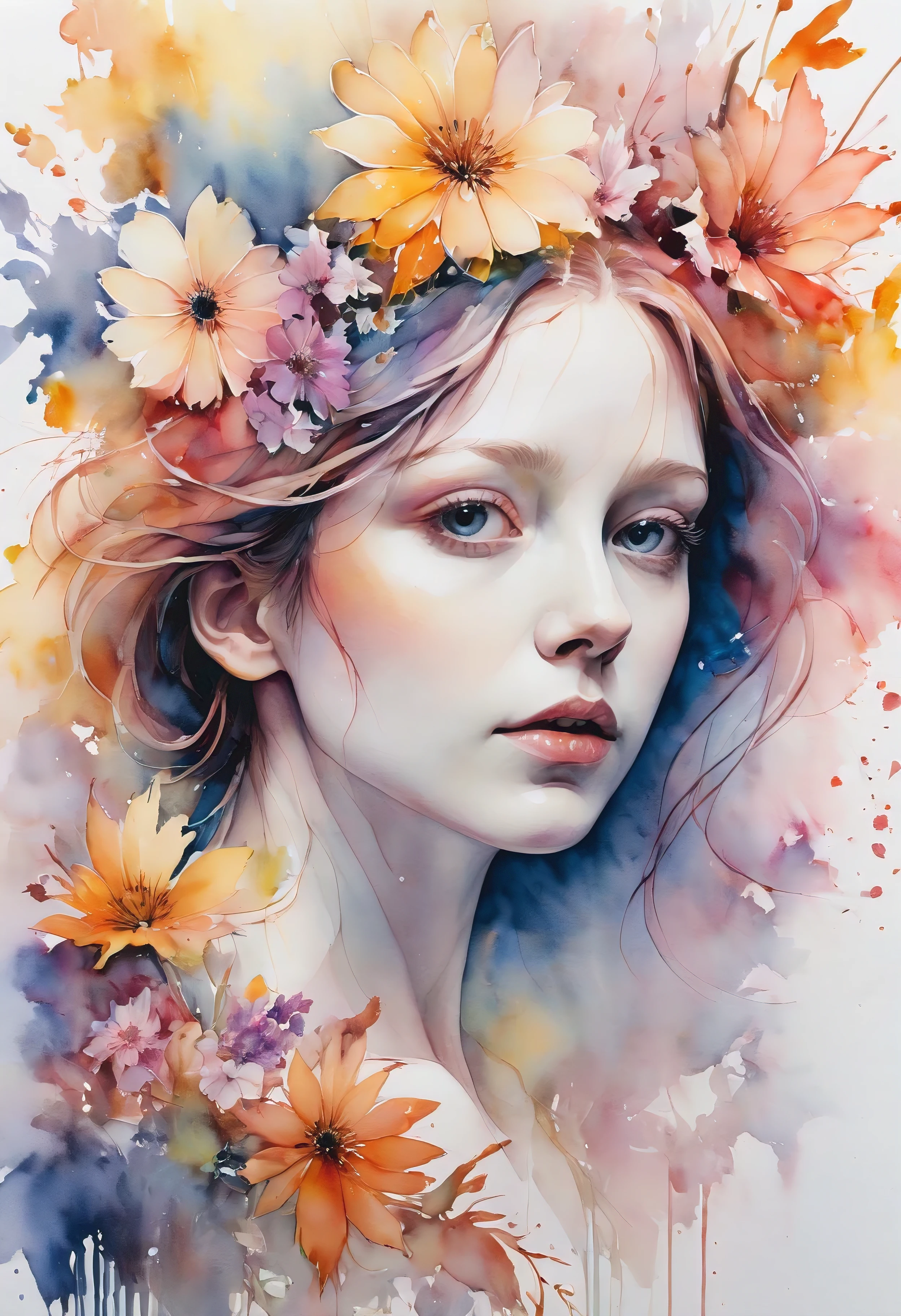 (((watercolor:1.5))), ((watercolor painting):1.4), ((a painting of woman by Agnes Cecile):1.3), ((Flowers):1.4), ((luminious design):1.3), ((autumn lights):1.1), Gouache with intricate details, pastel color, ink drips, Detailed brushstrokes have been enhanced, Careful brushwork creates an atmosphere, Utilize delicate yet powerful brushstroke techniques, Create an enchanting atmosphere. highly detailed gouache, ((Unparalleled sharpness and clarity):1.1), ((Radiosity rendered in stunning 32K resolution):1.3), All captured with sharp focus.