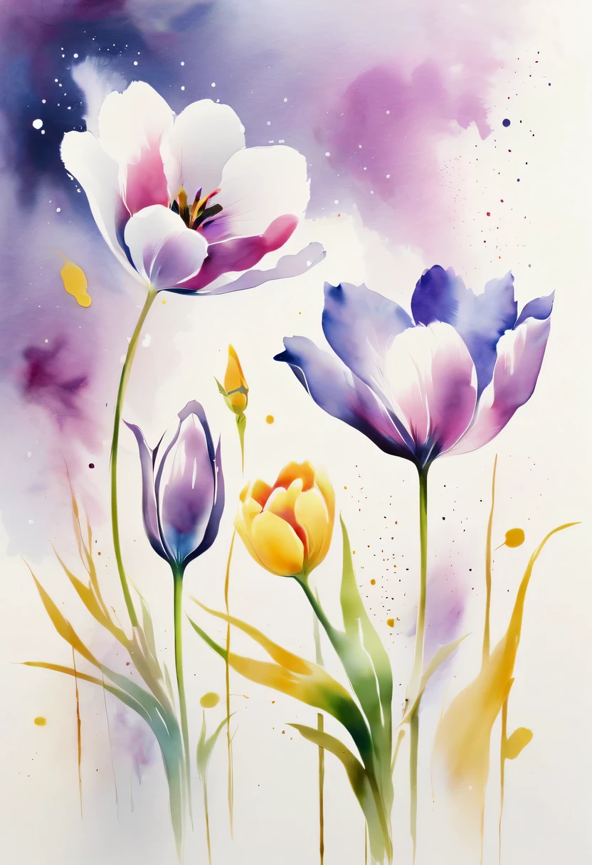 This watercolor flower painting presents an elegant and fresh visual effect。Field of wildflowers and tulips,Forming the perfect combination of nature and romance。The screen is dominated by a white background,Highlight isolated watercolor flower。Splash technology recreates wet conditions,The atmosphere seems vague and dreamy。Unique composition and abstract expression add to the artistic feel of the picture,Contains elements of surrealism。The overall color tone is mainly light tones,Purple and gold complement each other beautifully,Show high-resolution details。The splash-ink effect adds a touch of agility to the picture,The light color gives the flowers a deep and restrained beauty.