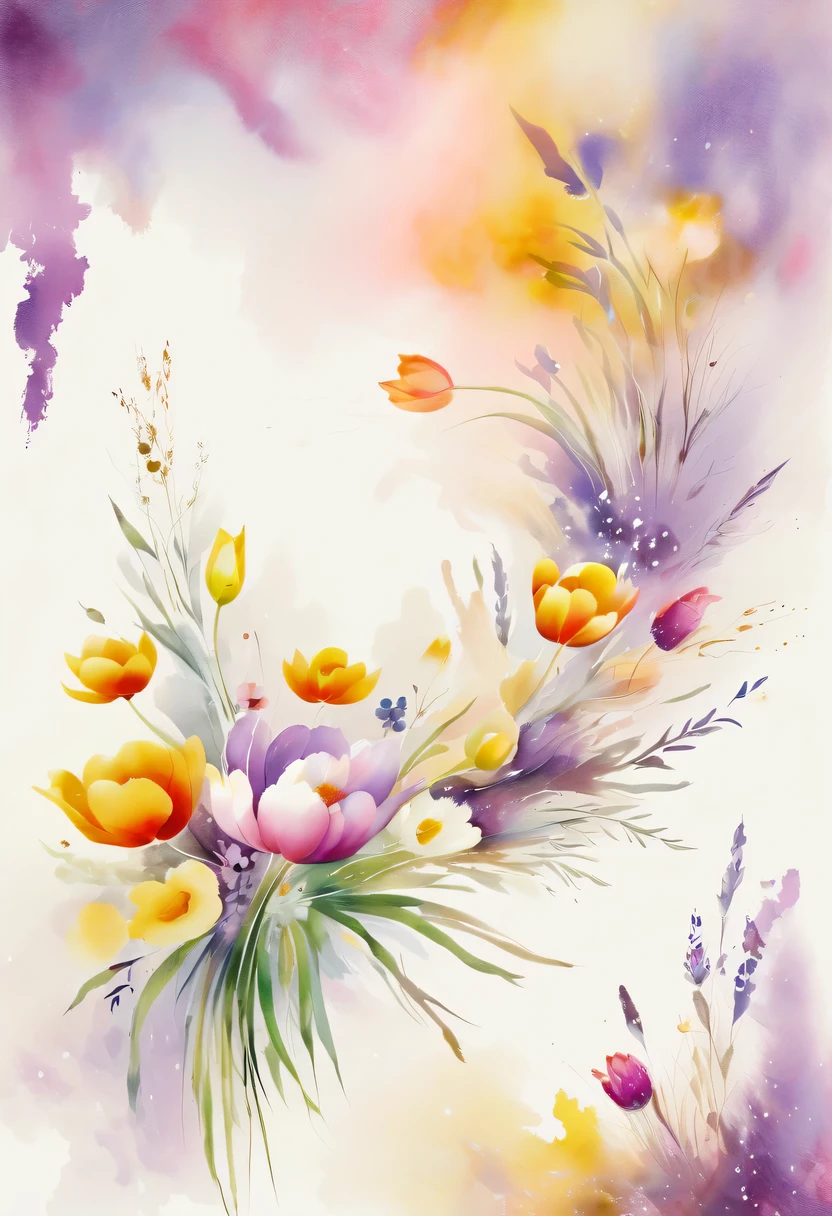 This watercolor flower painting presents an elegant and fresh visual effect。Field of wildflowers and tulips,Forming the perfect combination of nature and romance。The screen is dominated by a white background,Highlight isolated watercolor flower。Splash technology recreates wet conditions,The atmosphere seems vague and dreamy。Unique composition and abstract expression add to the artistic feel of the picture,Contains elements of surrealism。The overall color tone is mainly light tones,Purple and gold complement each other beautifully,Show high-resolution details。The splash-ink effect adds a touch of agility to the picture,The light color gives the flowers a deep and restrained beauty.