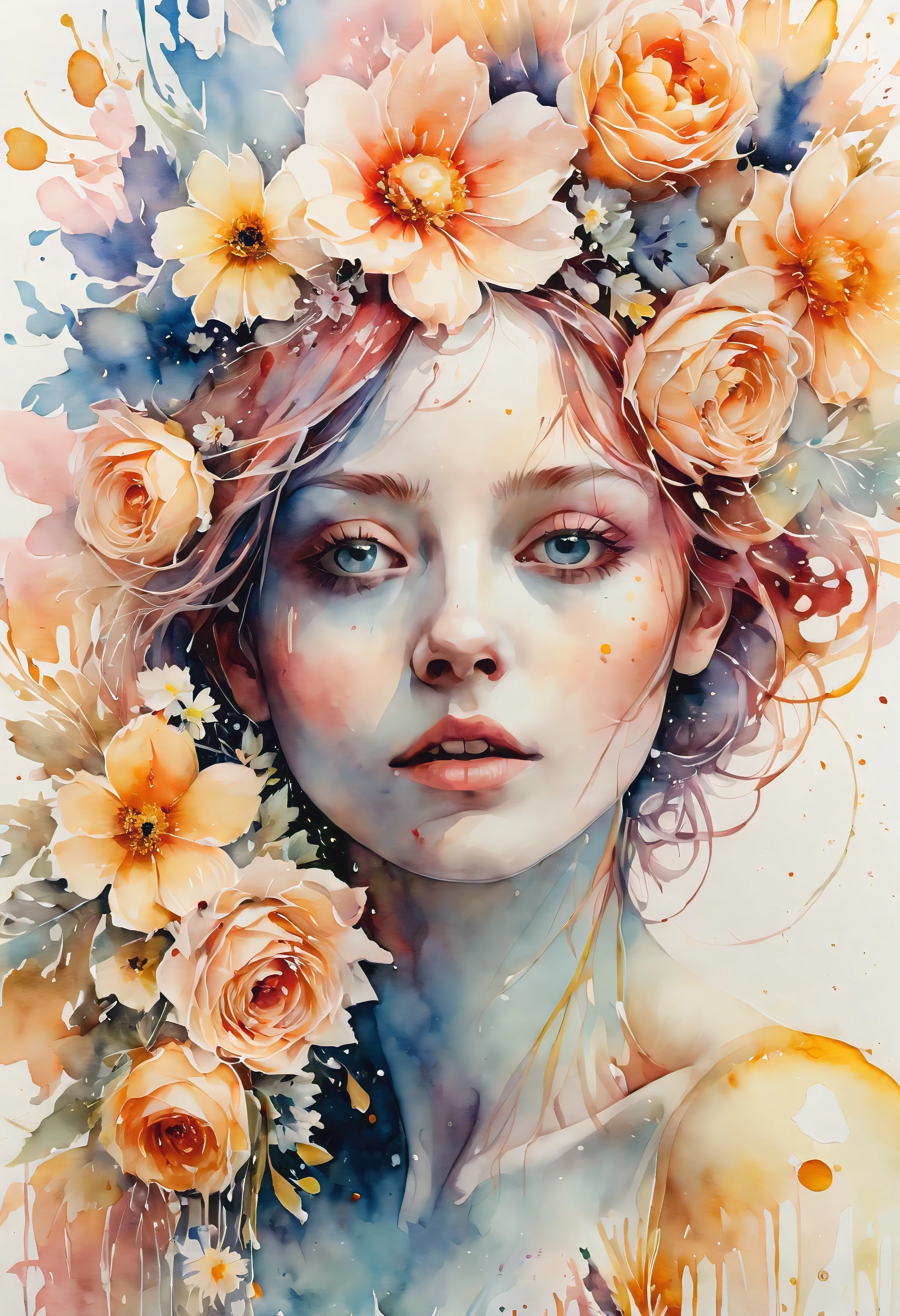 ((Masterpiece in maximum 16K resolution):1.6), ((intricate detail):1.4), ((extremely insane detail):1.4),((highest quality):1.3),((Soft colors 4k highly detailed digital art):1.3). | (((watercolor:1.5))), ((watercolor painting):1.4), ((a painting of woman by Agnes Cecile):1.3), ((Flowers):1.4), ((luminious design):1.3), ((autumn lights):1.1), Gouache with intricate details, pastel color, ink drips, Detailed brushstrokes have been enhanced, Careful brushwork creates an atmosphere, Utilize delicate yet powerful brushstroke techniques, Create an enchanting atmosphere. highly detailed gouache, ((Unparalleled sharpness and clarity):1.1), ((Radiosity rendered in stunning 32K resolution):1.3), All captured with sharp focus.