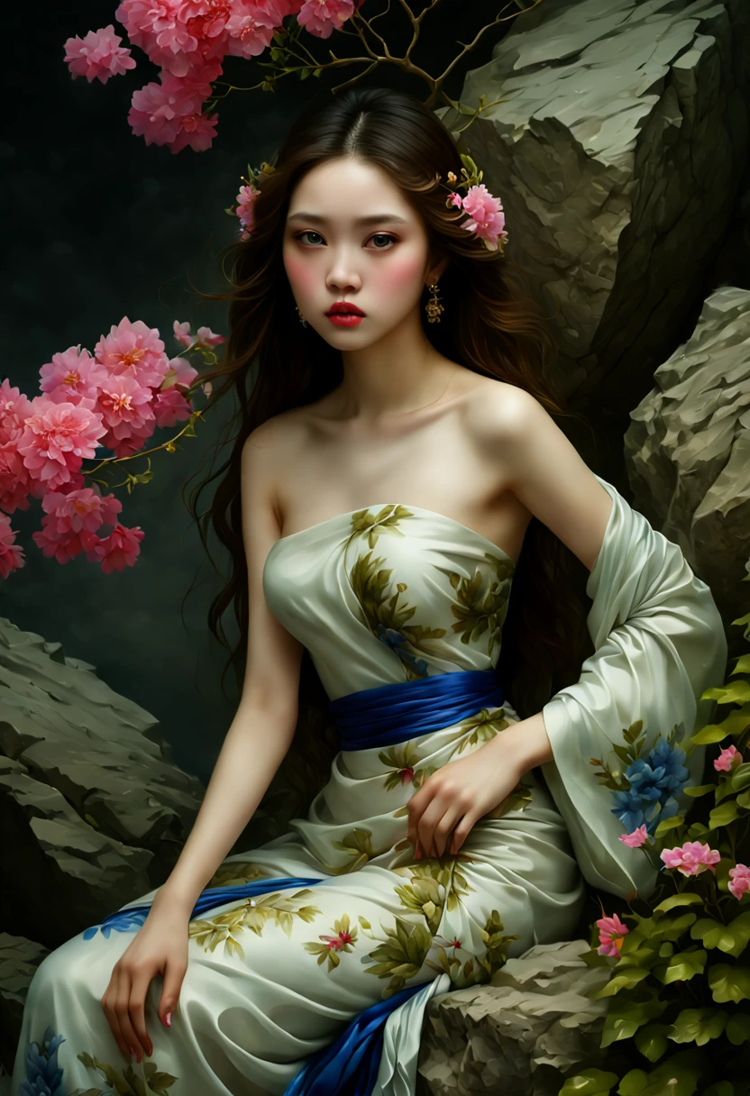 watercolor painting, flowers, rockery, (by Zhang Jingna), (best quality, masterpiece, 8k)