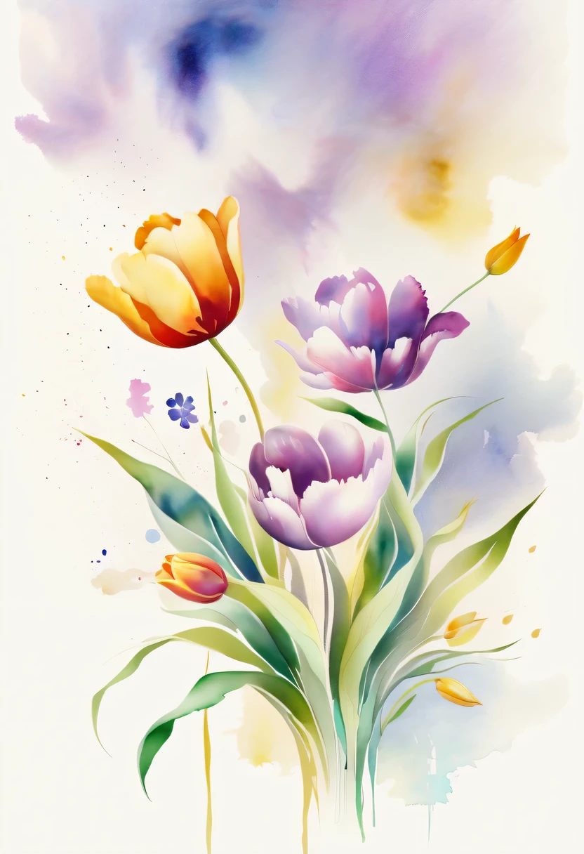 This watercolor flower painting presents an elegant and fresh visual effect。Field of wildflowers and tulips,Forming the perfect combination of nature and romance。The screen is dominated by a white background,Highlight isolated watercolor flower。Splash technology recreates wet conditions,The atmosphere seems vague and dreamy。Unique composition and abstract expression add to the artistic feel of the picture,Contains elements of surrealism。The overall color tone is mainly light tones,Purple and gold complement each other beautifully,Show high-resolution details。The splash-ink effect adds a touch of agility to the picture,The light color gives the flowers a deep and restrained beauty.