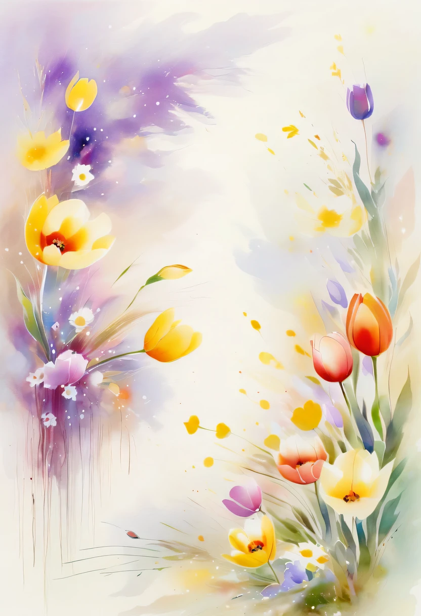 This watercolor flower painting presents an elegant and fresh visual effect。Field of wildflowers and tulips，Forming the perfect combination of nature and romance。The screen is dominated by a white background，Highlight isolated watercolor flower。Splash technology recreates wet conditions，The atmosphere seems vague and dreamy。Unique composition and abstract expression add to the artistic feel of the picture，Contains elements of surrealism。The overall color tone is mainly light tones，Purple and gold complement each other beautifully，Show high-resolution details。The splash-ink effect adds a touch of agility to the picture，The light color gives the flowers a deep and restrained beauty.