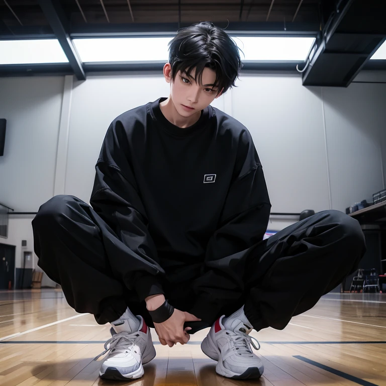 1 Korean young men，male，20 years old，High，Height 180 cm，Hair is medium length，Black sweatshirt，Black cargo pants，Black and white high top sneakers，White sport socks，Sit on the basketball court，legs open，Badass anime 4k ，POV perspective，Proud，Cold，looking into camera，