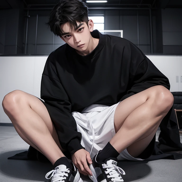 1 Korean young men,male,20 years old,High,Height 180 cm,Hair is medium length,Black sweatshirt,Black cargo pants,Black and white high top sneakers,White sport socks,Sit on the basketball court,legs open,Badass anime 4k ,POV perspective,Proud,Cold,looking into camera,