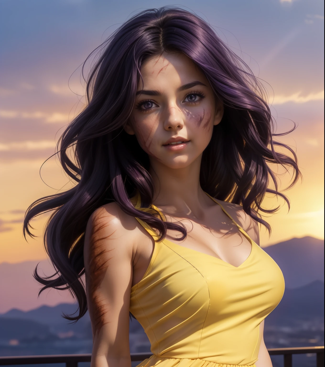 (masterpiece),(best quality), hair over right eye, looking at the viewer, thin body, dynamic poses, (medium breasts: 1.3), young girl, 8k,(bright sunny day:1.5), (seductive body details:1.3), long dark purple hair, purple eyes, seductive light smile, shy, young girl, skinny legs, (slender legs), (summer city), ((summer dress)), ((yellow dress)), (short dress), (((see-through silhouette))), big eyes, (((wind))), (high breasts), sharp breasts, (realistic style), full height, burn scar, scar, (burn scar on the right side of the face:1.5), (burn scar on the right side of the body:1.5), (clear left side of the body:1.2), hair over right eye,