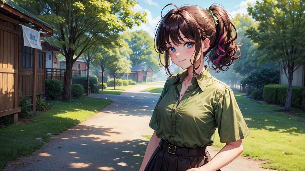 1girl, solo, village, trees, ((colorful hair)), curly hair, ponytail, large breasts, button down shirt, ((brown green shirt)), ((unbuttoned shirt)), ((short sleeved shirt)), blue eyes, skirt, sandals, smile, looking at the viewer, ((standing)), hair ribbon