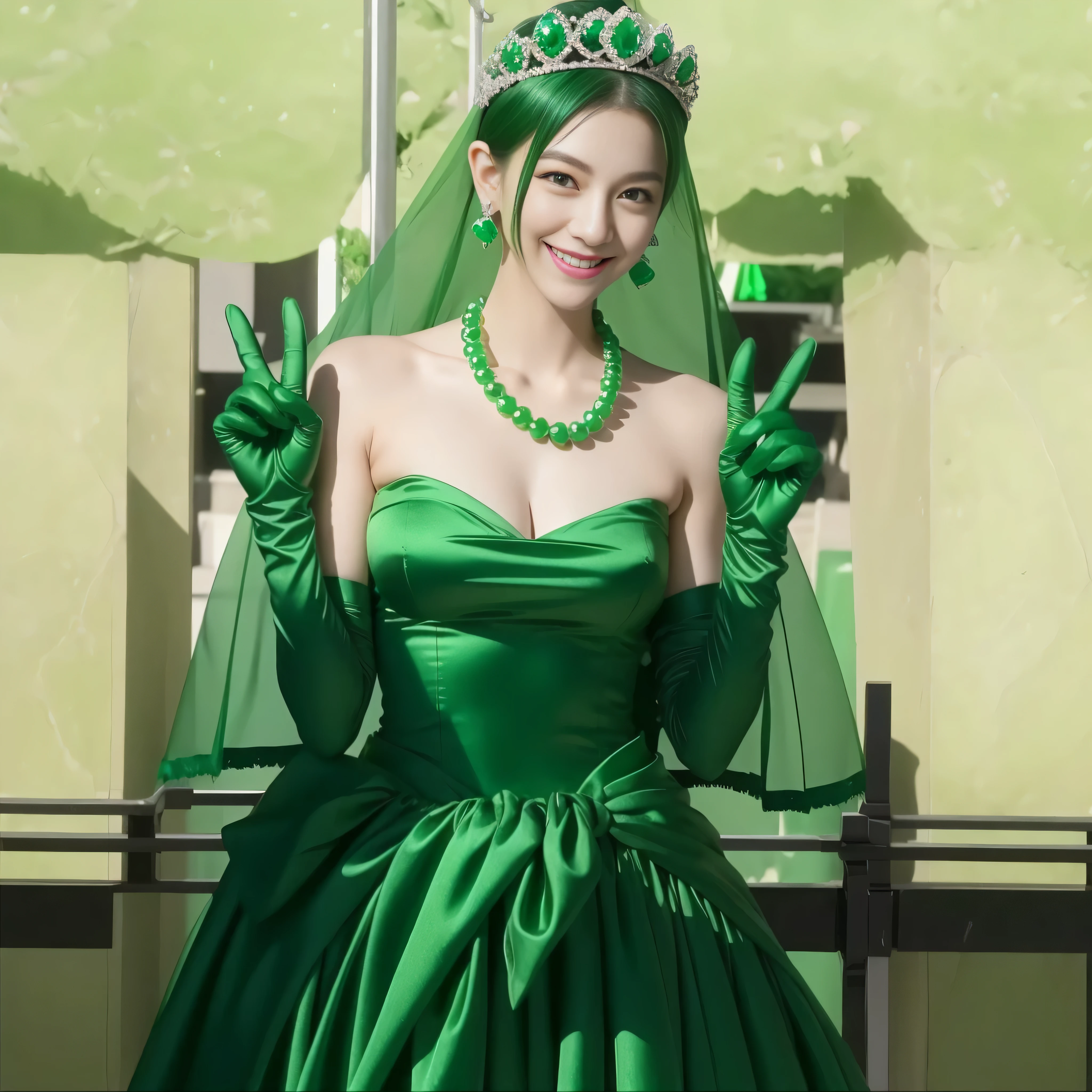 emerald tiara, green pearl necklace, boyish very short green hair, lipstick, smiling Japanese woman, very short hair, big breasts beautiful, green eyes, Long Green Satin Gloves, green eyes, V sign, emerald earrings, green veil
