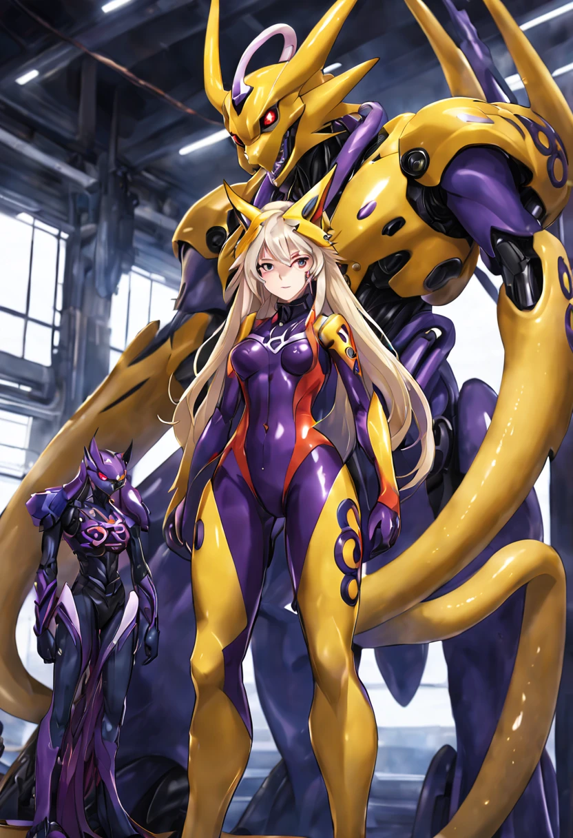 NSFW,Pilot and giant battle mecha,The pilot is inside a giant battle mech.,Pilot details(Height: 160cm,The pilot is in front of a giant battle mech.,The pilot wears a Renamon-type full body suit.,Renamon type full face,He is riding in a tentacle-shaped cockpit.,Pussy is connected to tentacles,Renamon type full body suit is sticky and glossy with mucus.,evil depravity,symbiote),Details of the giant battle mecha(Looks like a fusion of Renamon and Evangelion,symbiote,evil depravity,About 10 meters tall,standing behind the pilot)